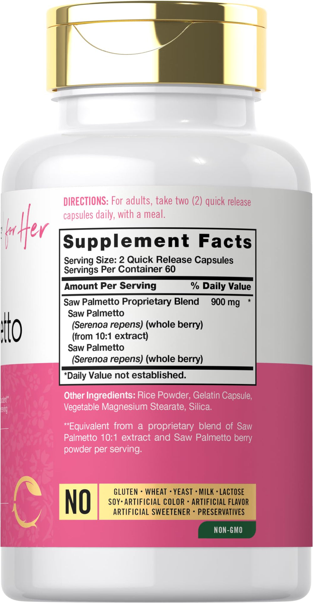 Carlyle Saw Palmetto for Women bottle back showing gluten-free and non-GMO labeling