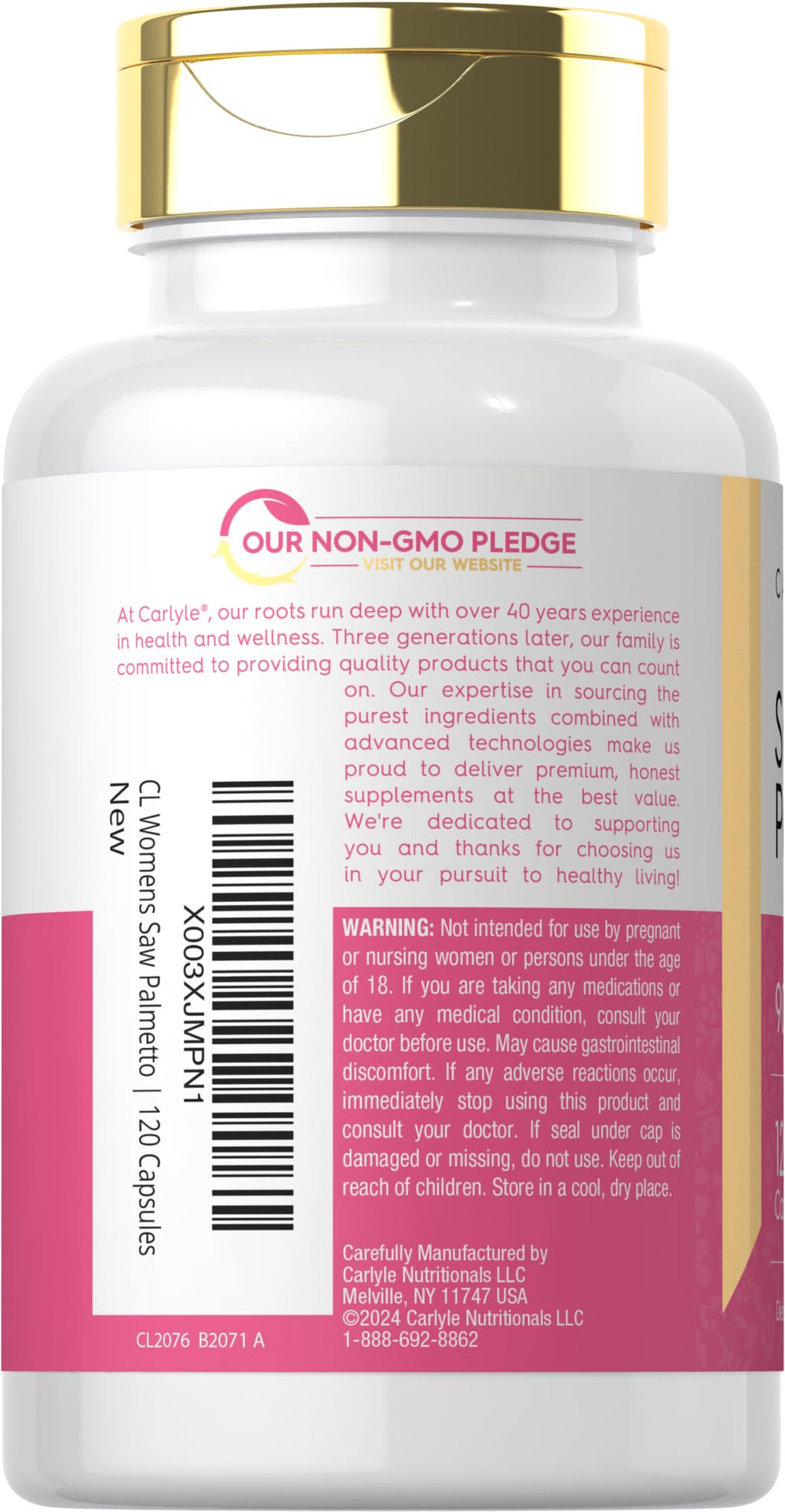 Close-up of Carlyle Saw Palmetto for Women capsules, easy-to-swallow daily supplement