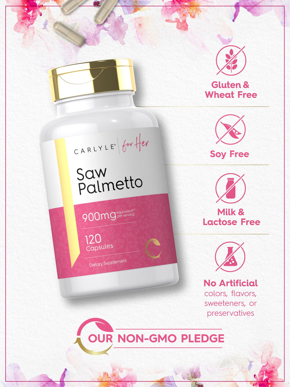 Carlyle Saw Palmetto for Women ingredients panel displays proprietary full spectrum extract