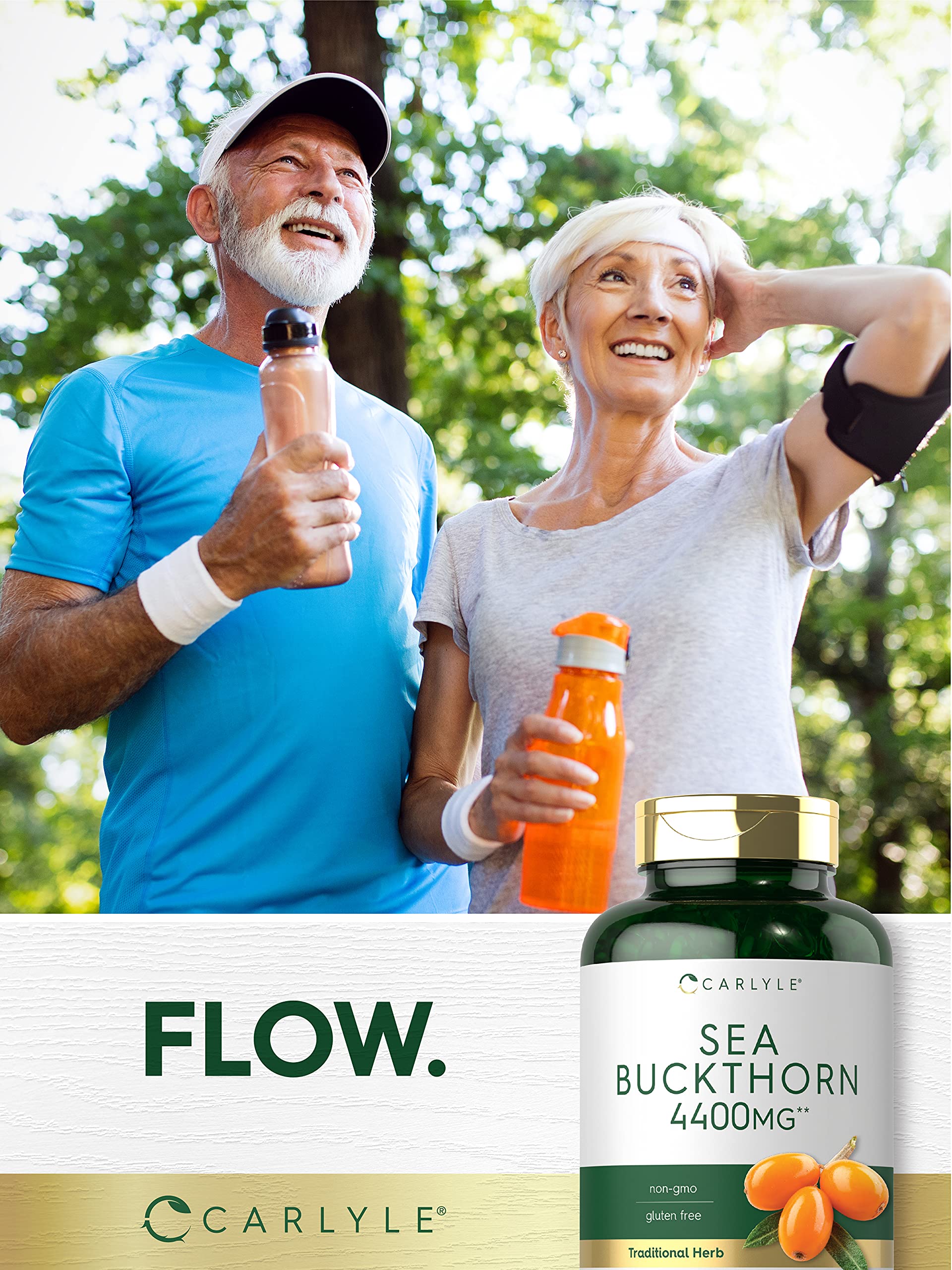 Carlyle Sea Buckthorn Oil Capsules 200-count bottle, convenient daily supplement.