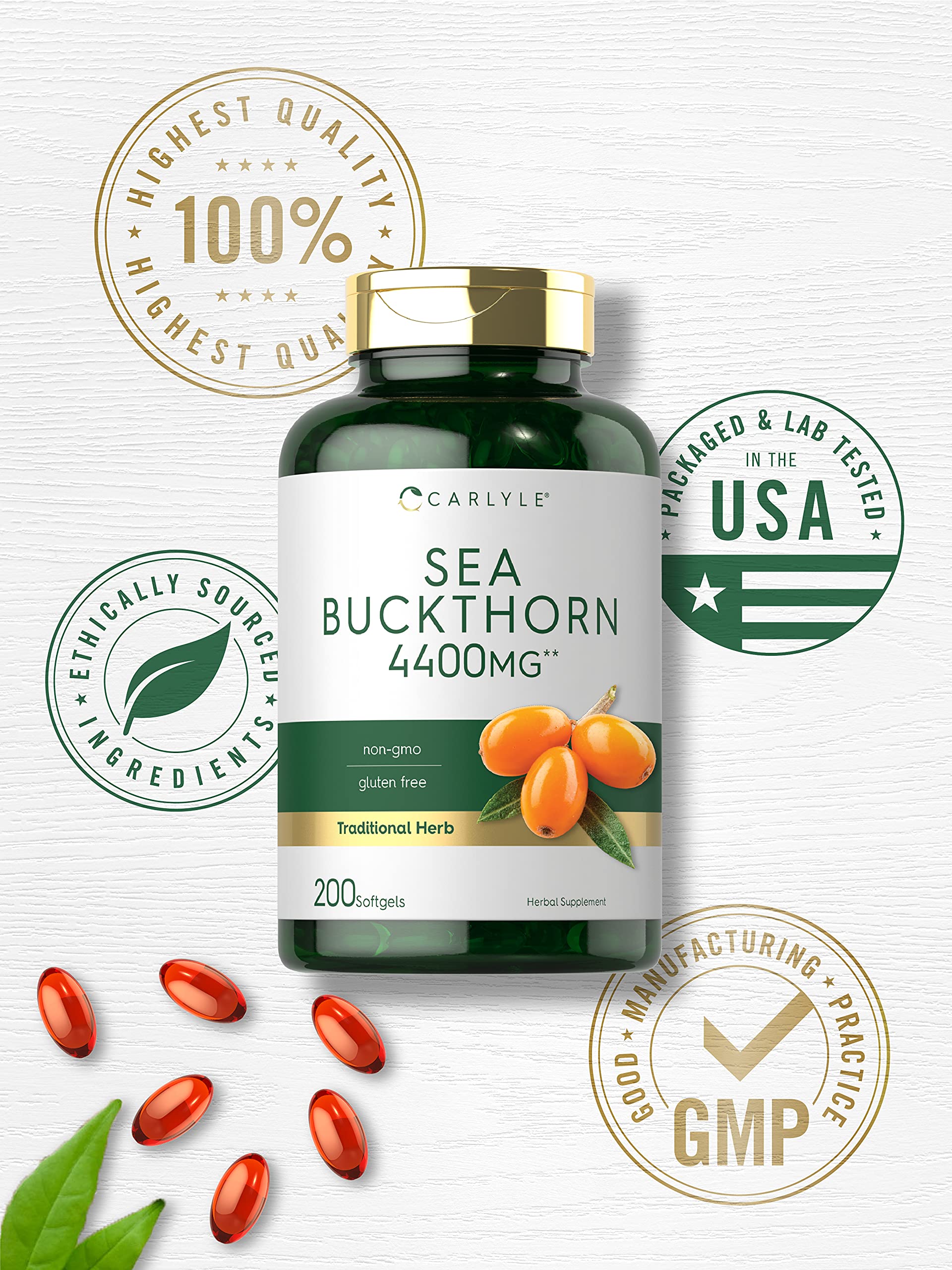 Carlyle Sea Buckthorn Oil Capsules hero shot with bottle for daily use.