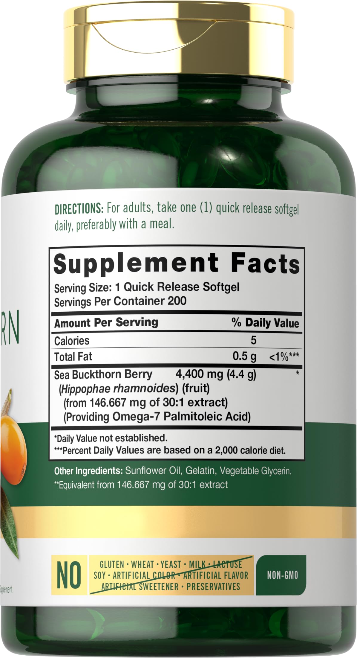 Carlyle Sea Buckthorn Oil Capsules label detail highlighting concentrated oil.