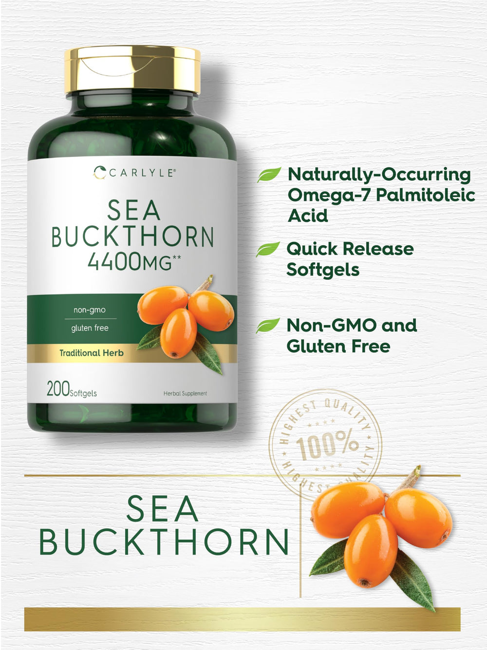 Carlyle Sea Buckthorn Oil Capsules packaging box showing non-GMO claims.