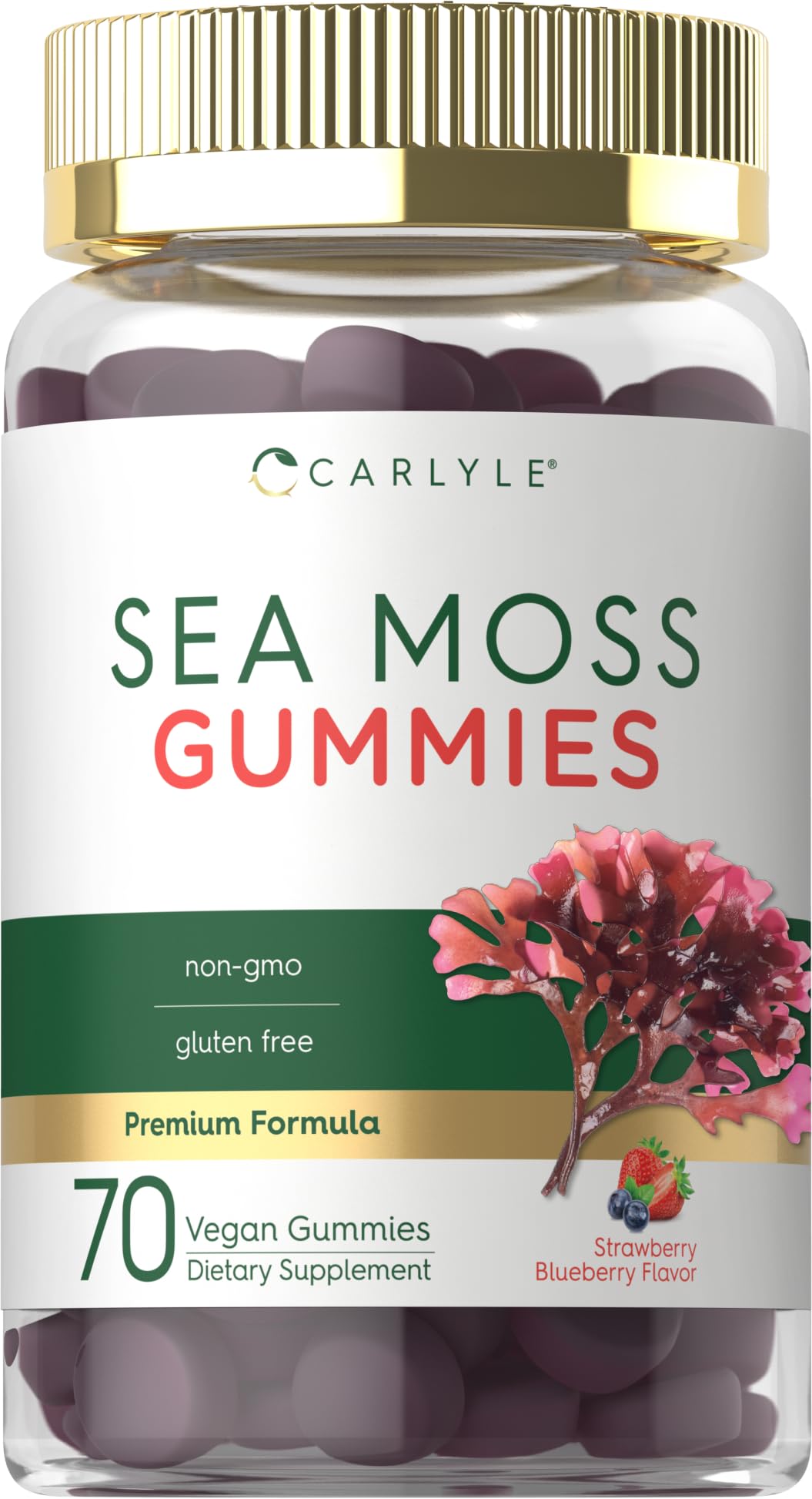 Carlyle Sea Moss Gummies bottle front shows vegan and gluten-free status
