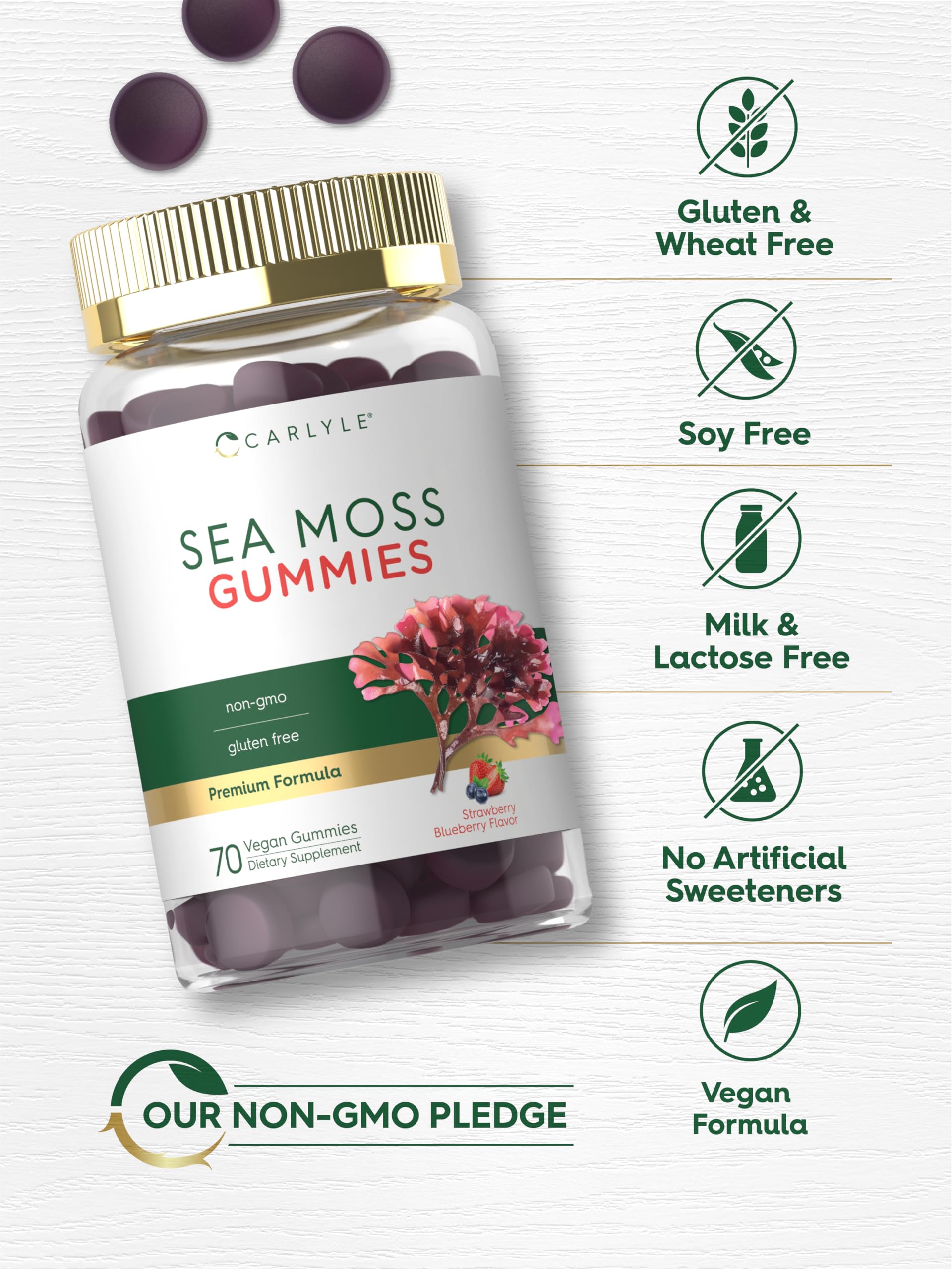 Carlyle Sea Moss Gummies label highlights non-GMO and gluten-free