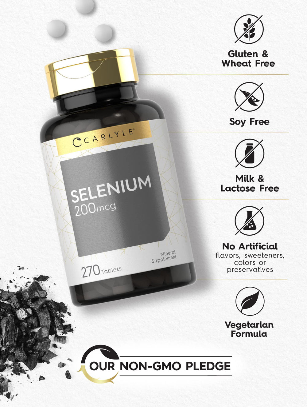 Carlyle selenium capsules beside greens, great for vegetarian diets