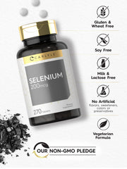 Carlyle selenium capsules beside greens, great for vegetarian diets