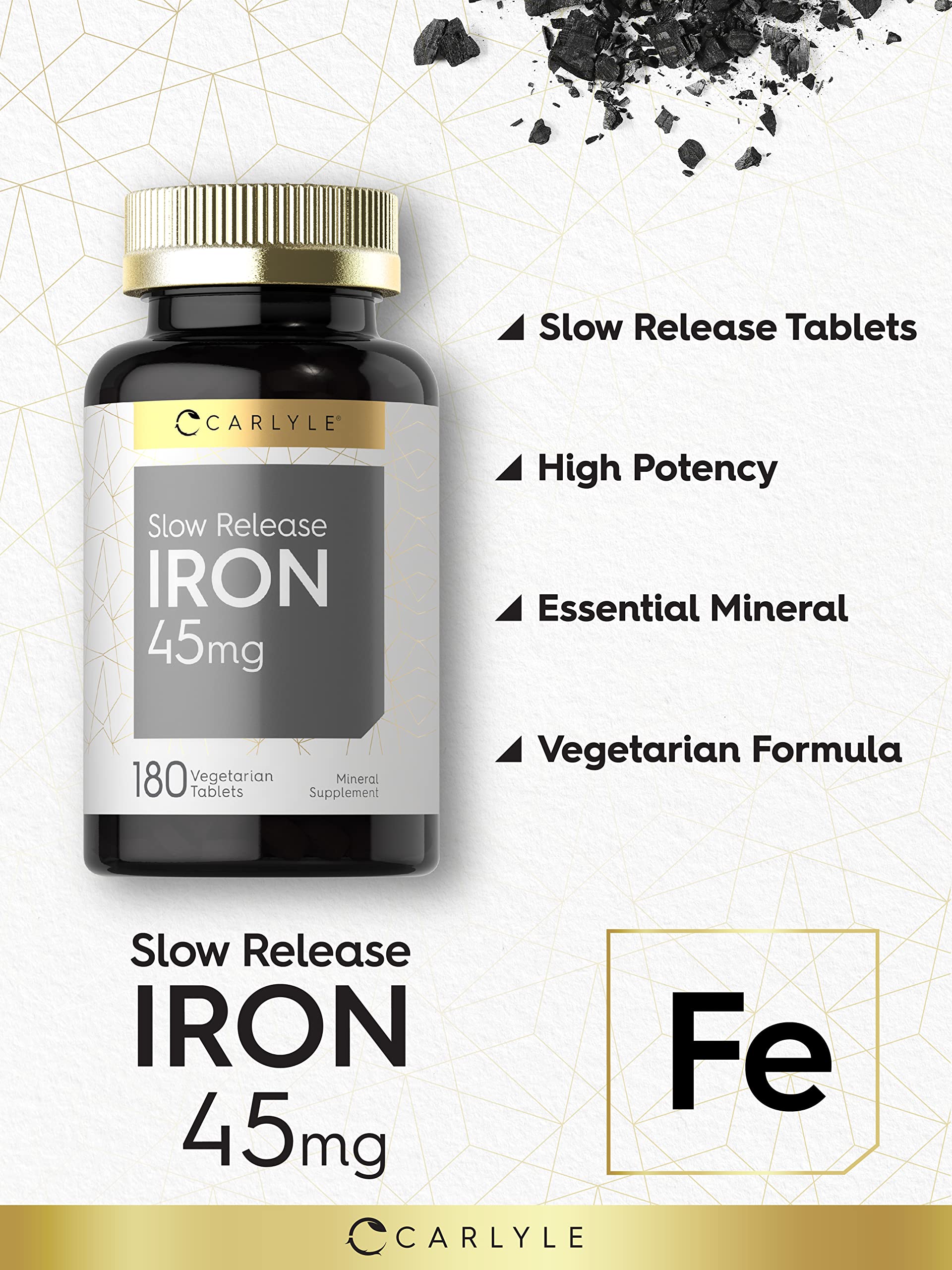 Carlyle Slow Release Iron 45 mg bottle back details label and ingredients.