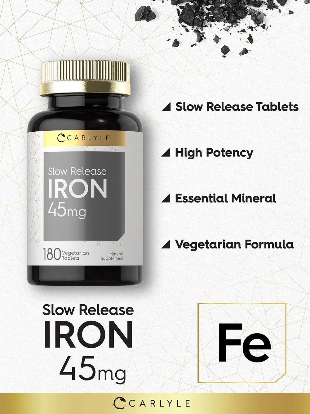 Carlyle Slow Release Iron 45 mg bottle back details label and ingredients.