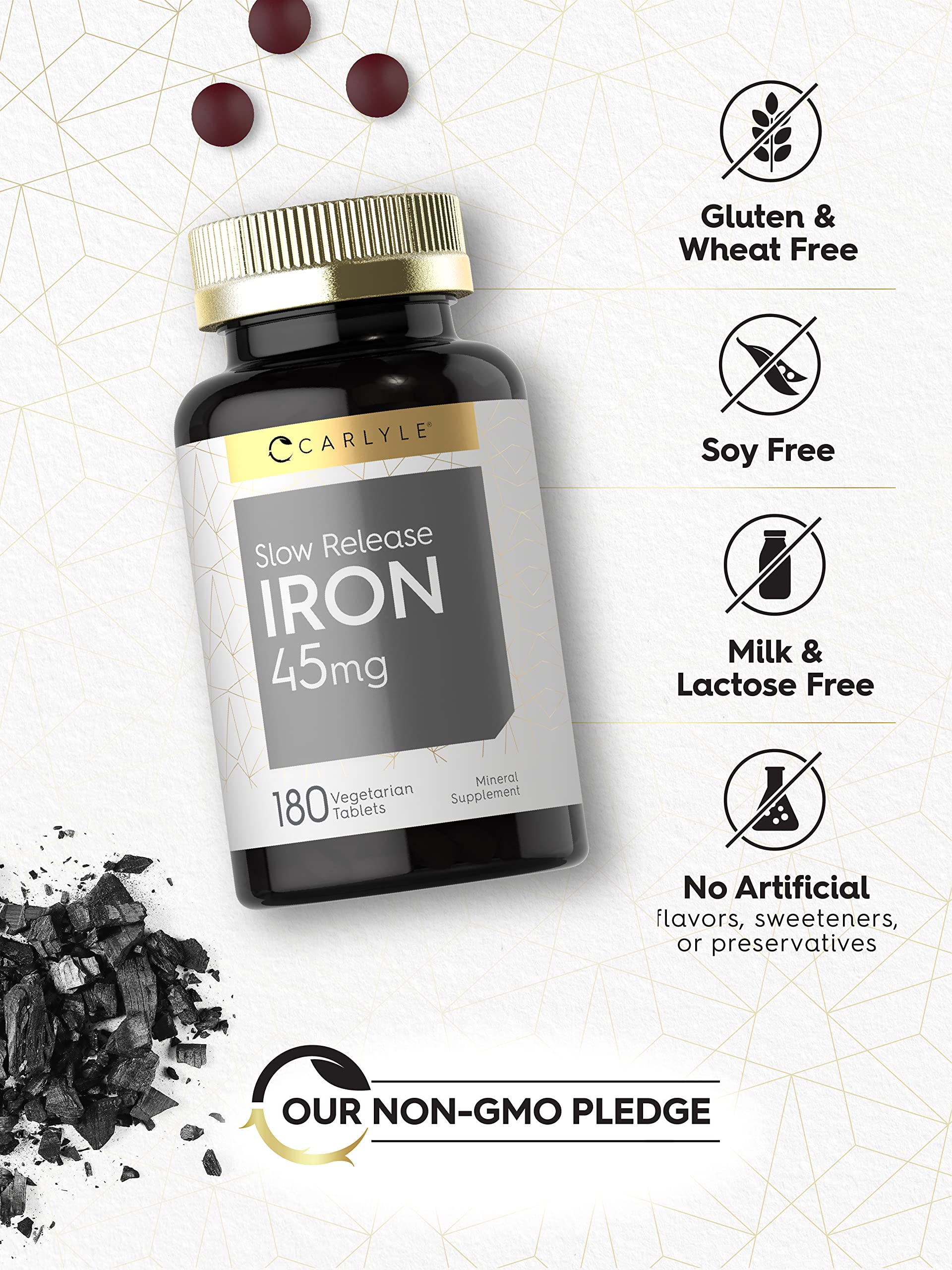 Carlyle Slow Release Iron 45 mg packaging with label emphasizes non-GMO quality.