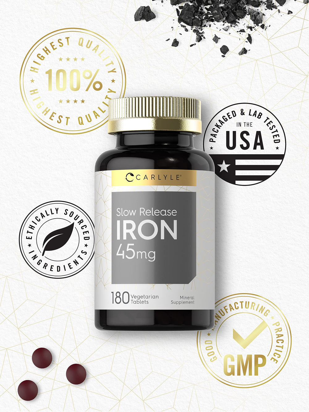 Carlyle Slow Release Iron 45 mg tablets in hand suggest portable daily iron support.
