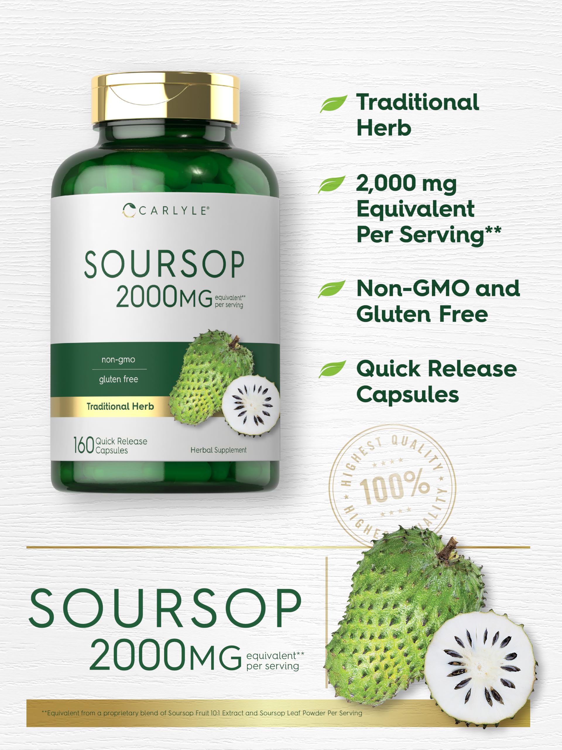 Carlyle Soursop Leaves capsules ready to swallow for on-the-go use.