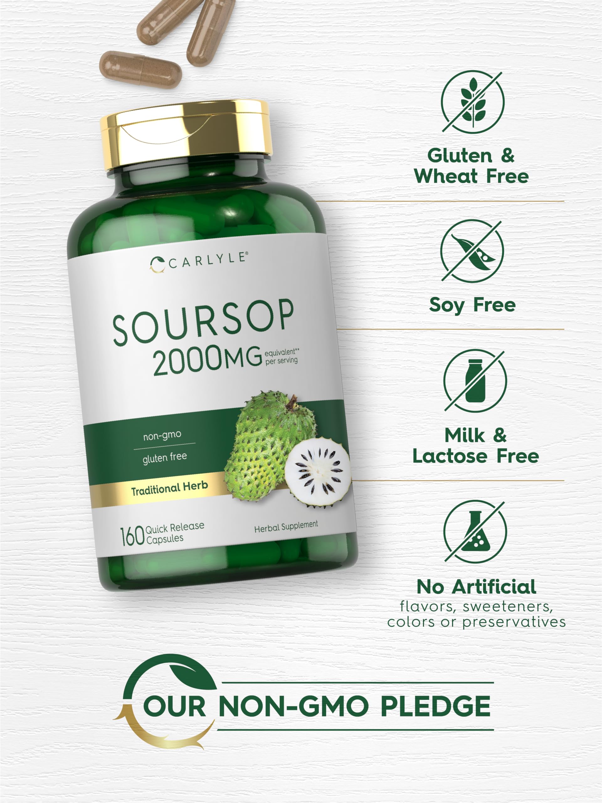 Carlyle Soursop Leaves label panel displays purity and non-GMO status.
