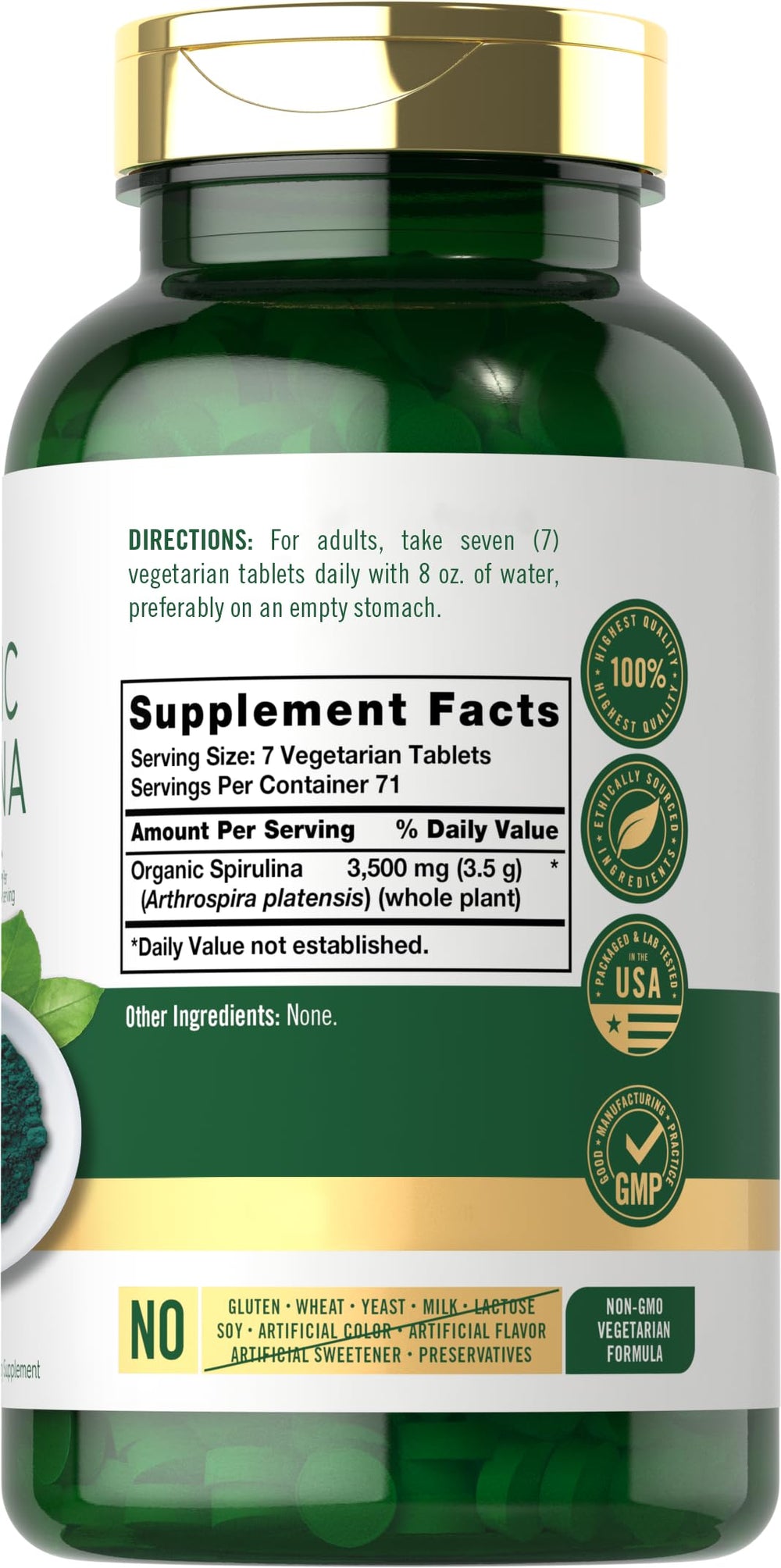 Carlyle Spirulina 3500mg tablets being poured for easy daily intake.