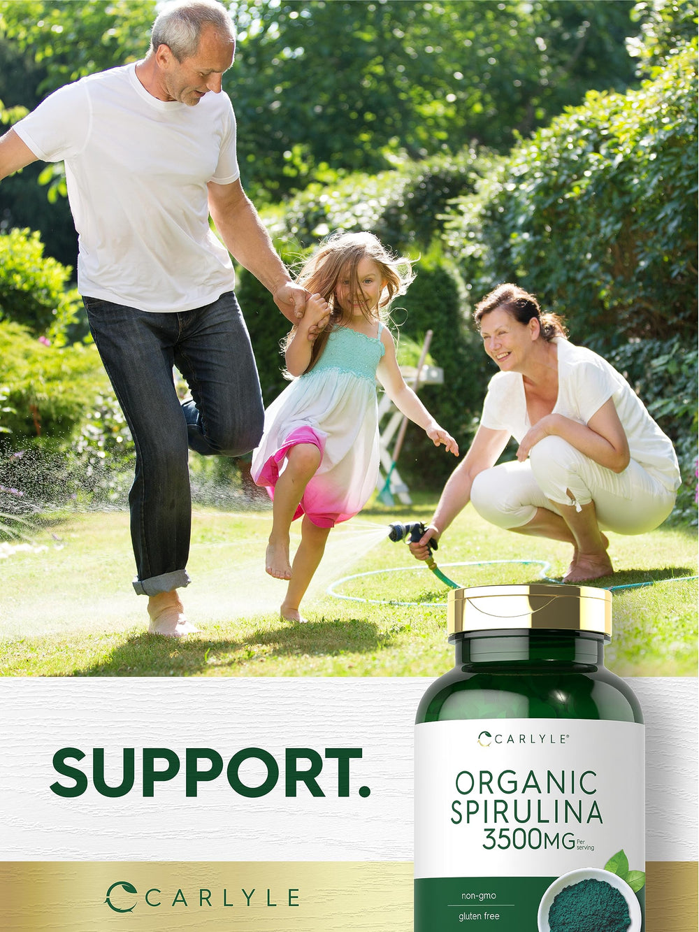 Carlyle Spirulina non-GMO gluten-free bottle on kitchen shelf.
