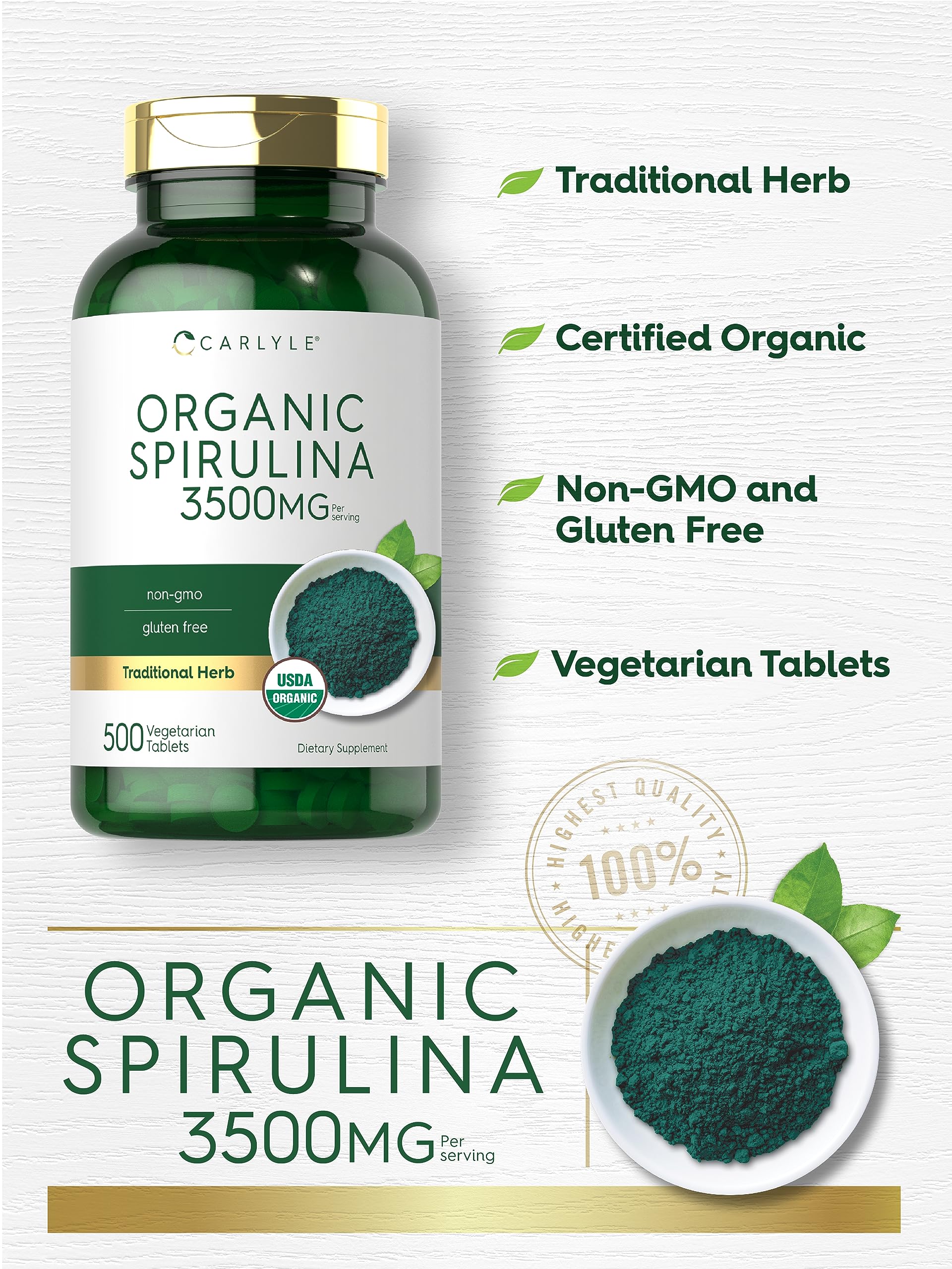 Carlyle Spirulina tablets closeup shows vibrant green color.