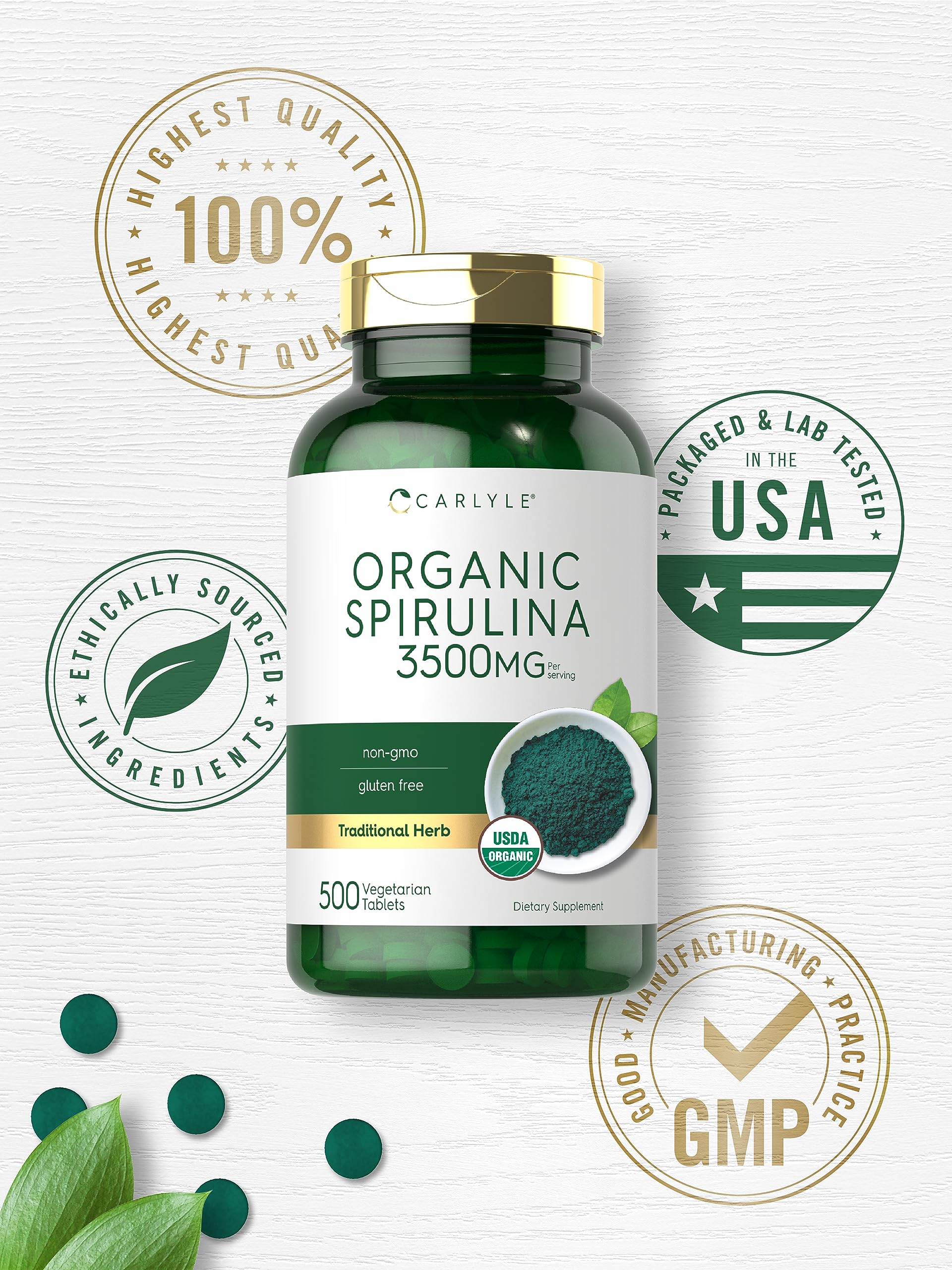 Carlyle Spirulina tablets on a morning routine setup.