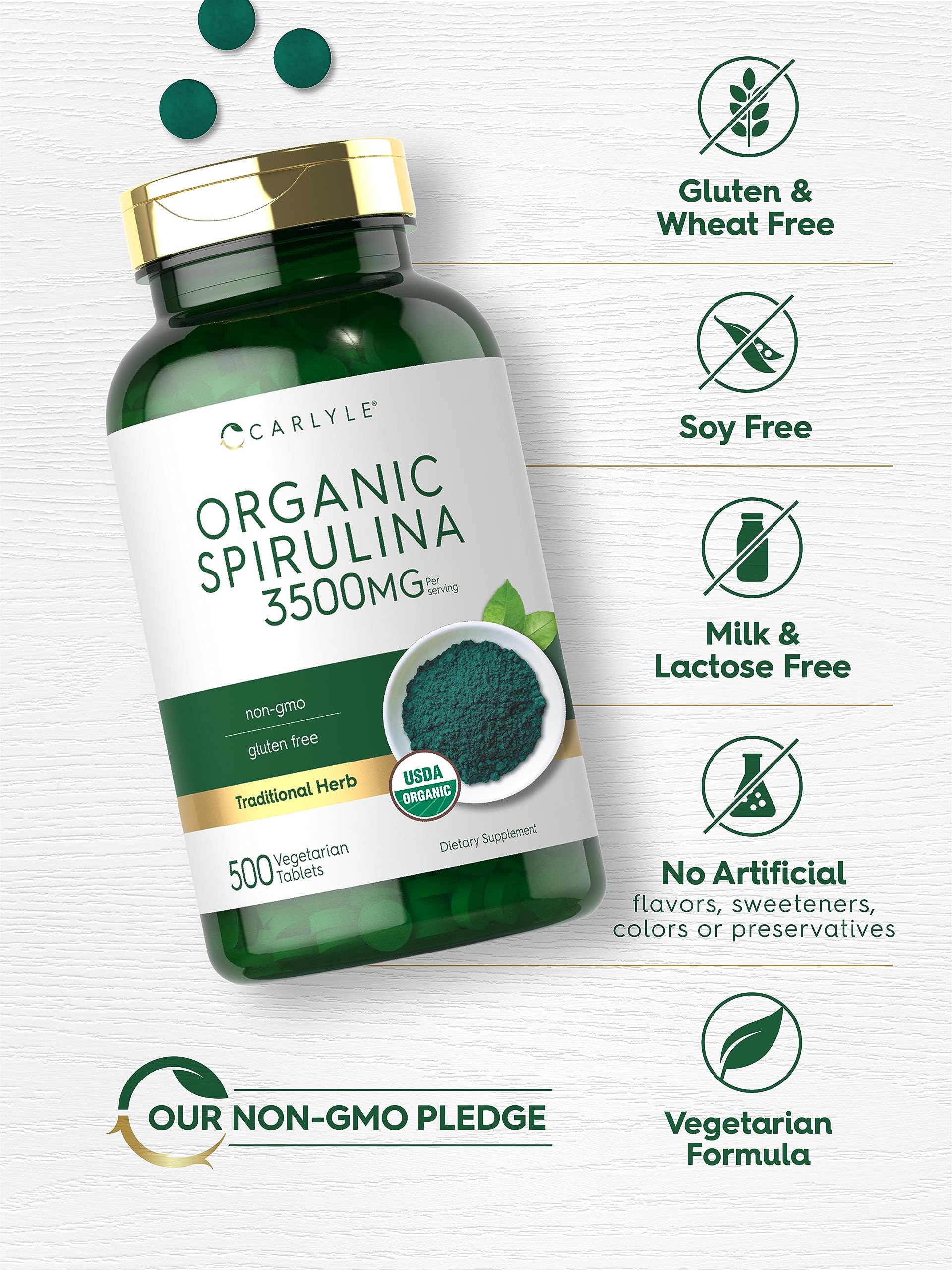 Carlyle Spirulina tablets in hand ready for daily use.