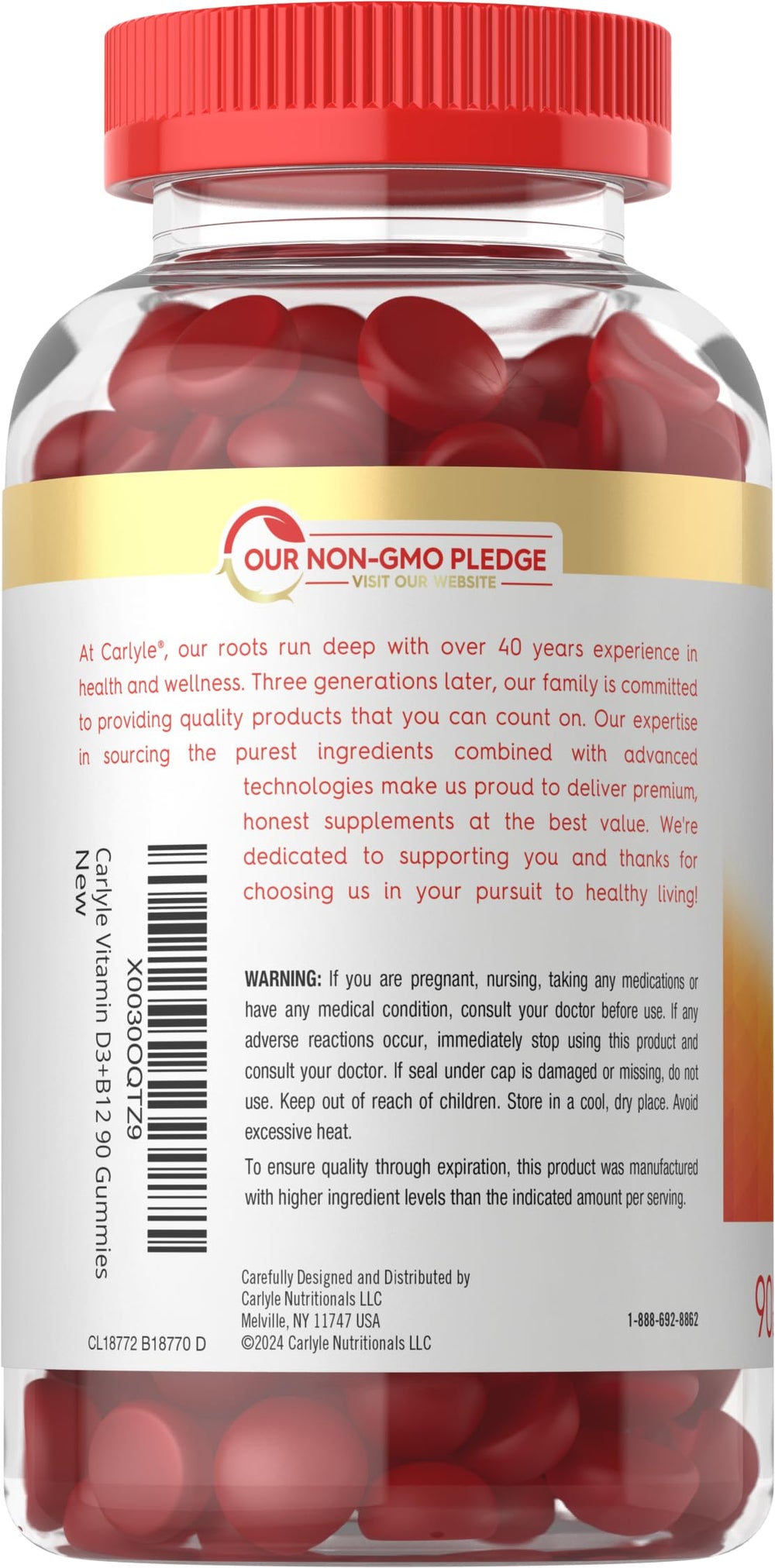 Carlyle strawberry-flavored gummies served with glass of water for daily wellness routine