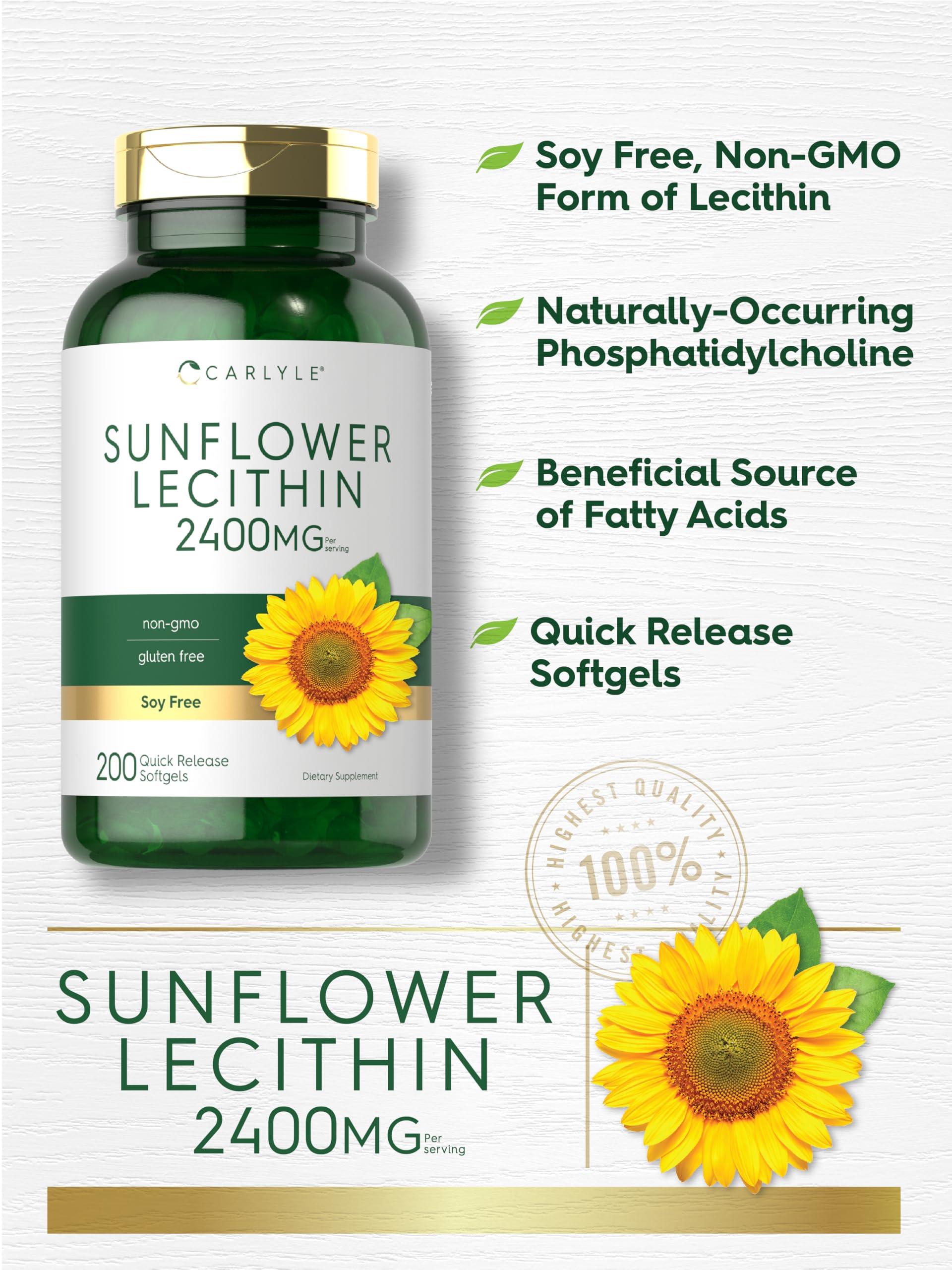 Carlyle Sunflower Lecithin softgel capsules lined up for daily dosing.
