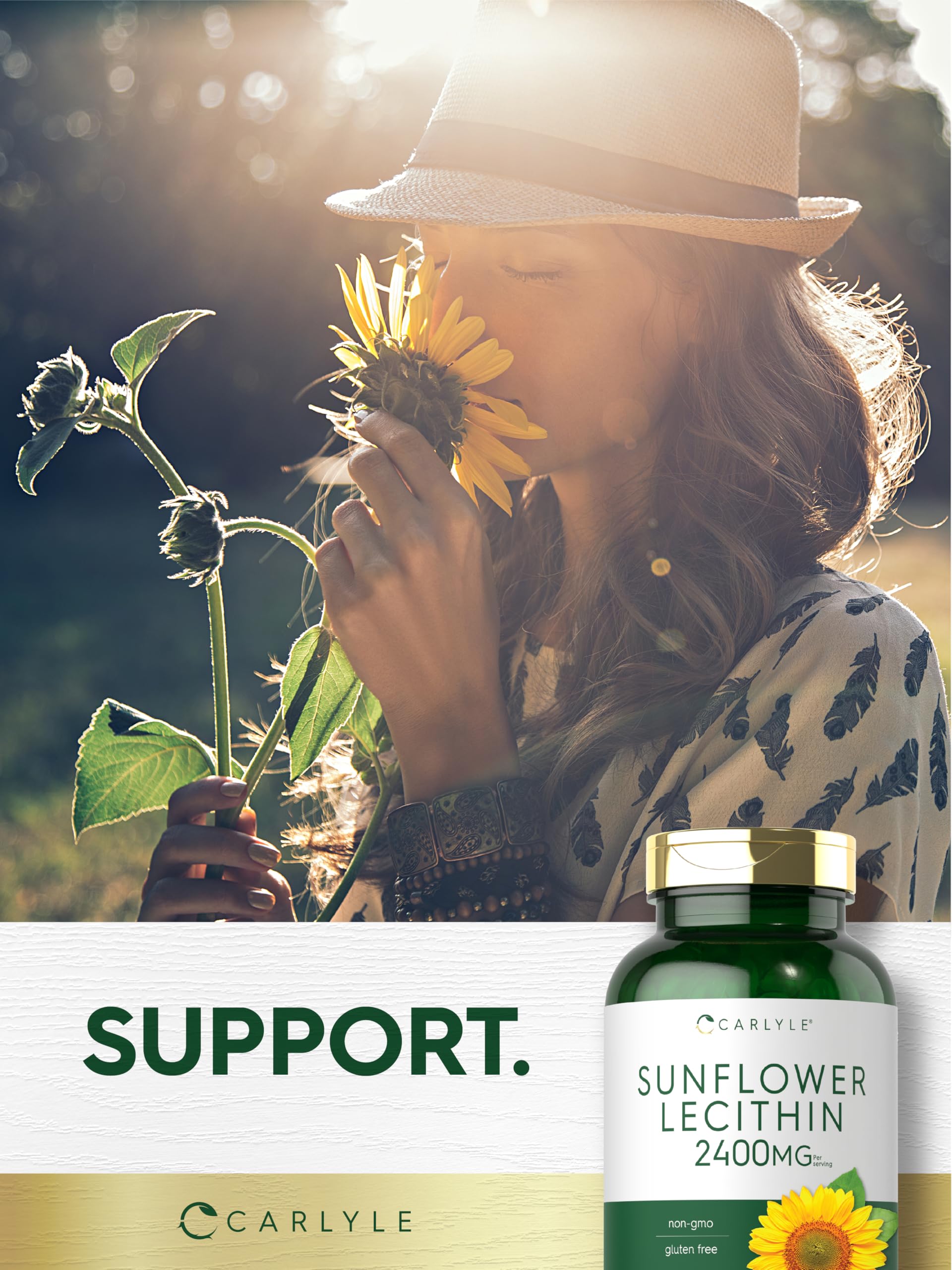 Carlyle Sunflower Lecithin softgels in a glass bottle on a kitchen counter.