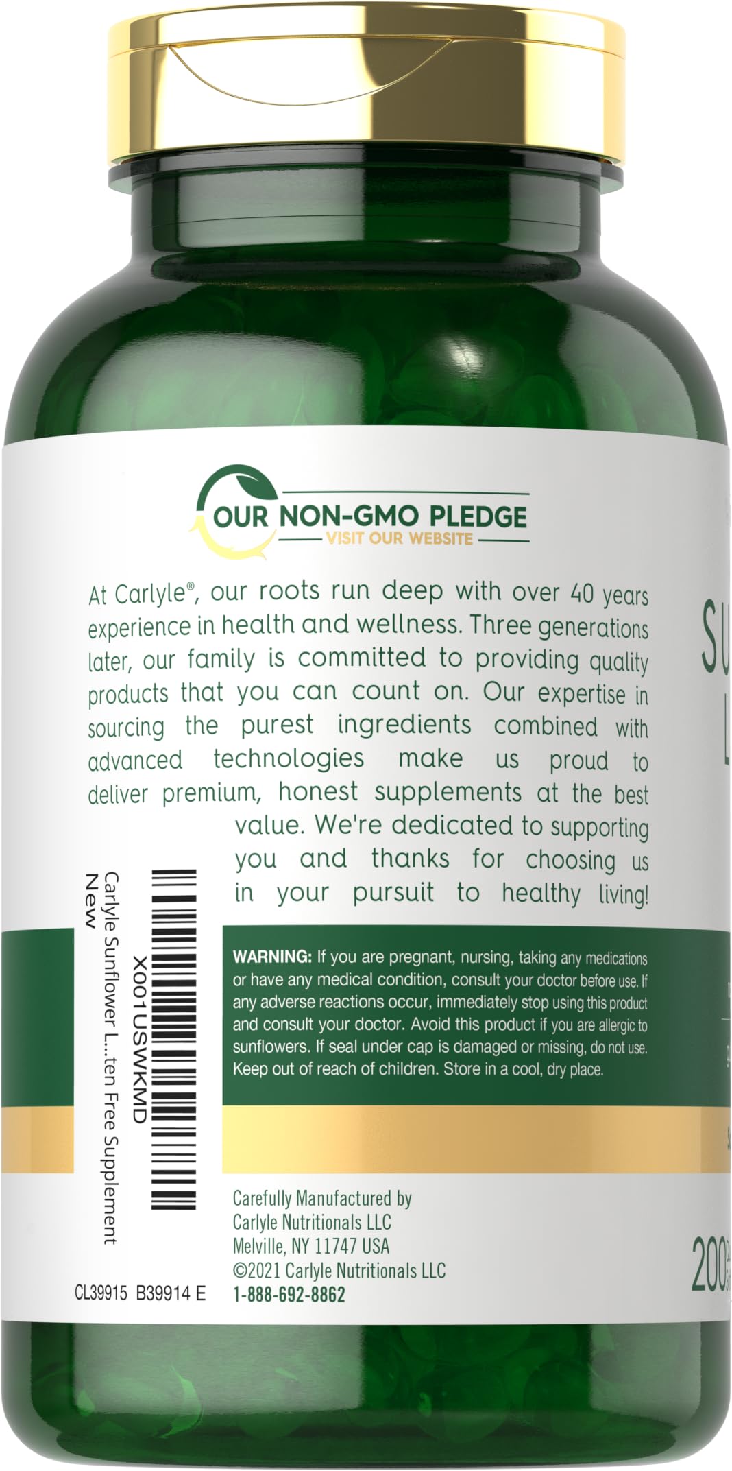 Carlyle Sunflower Lecithin softgel packaging front highlights gluten-free, non-GMO formula.
