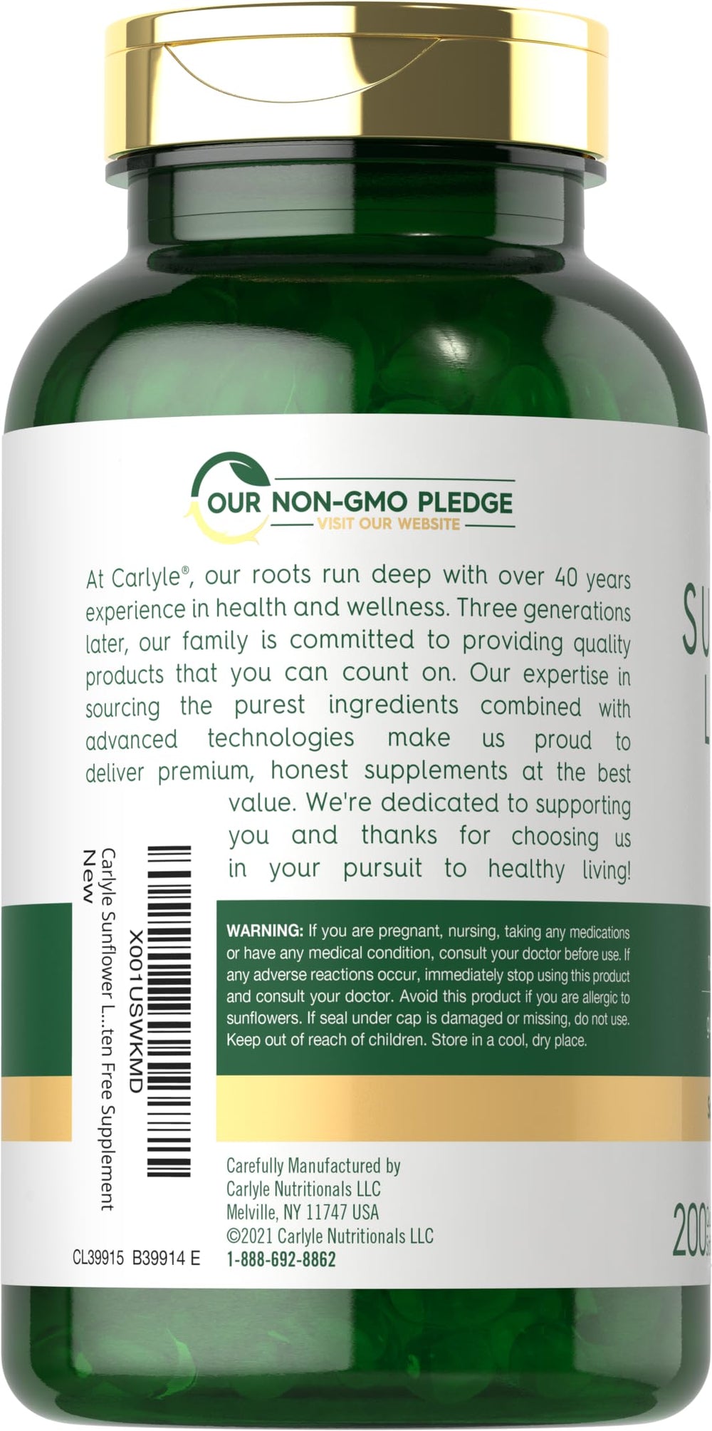 Carlyle Sunflower Lecithin softgel packaging front highlights gluten-free, non-GMO formula.