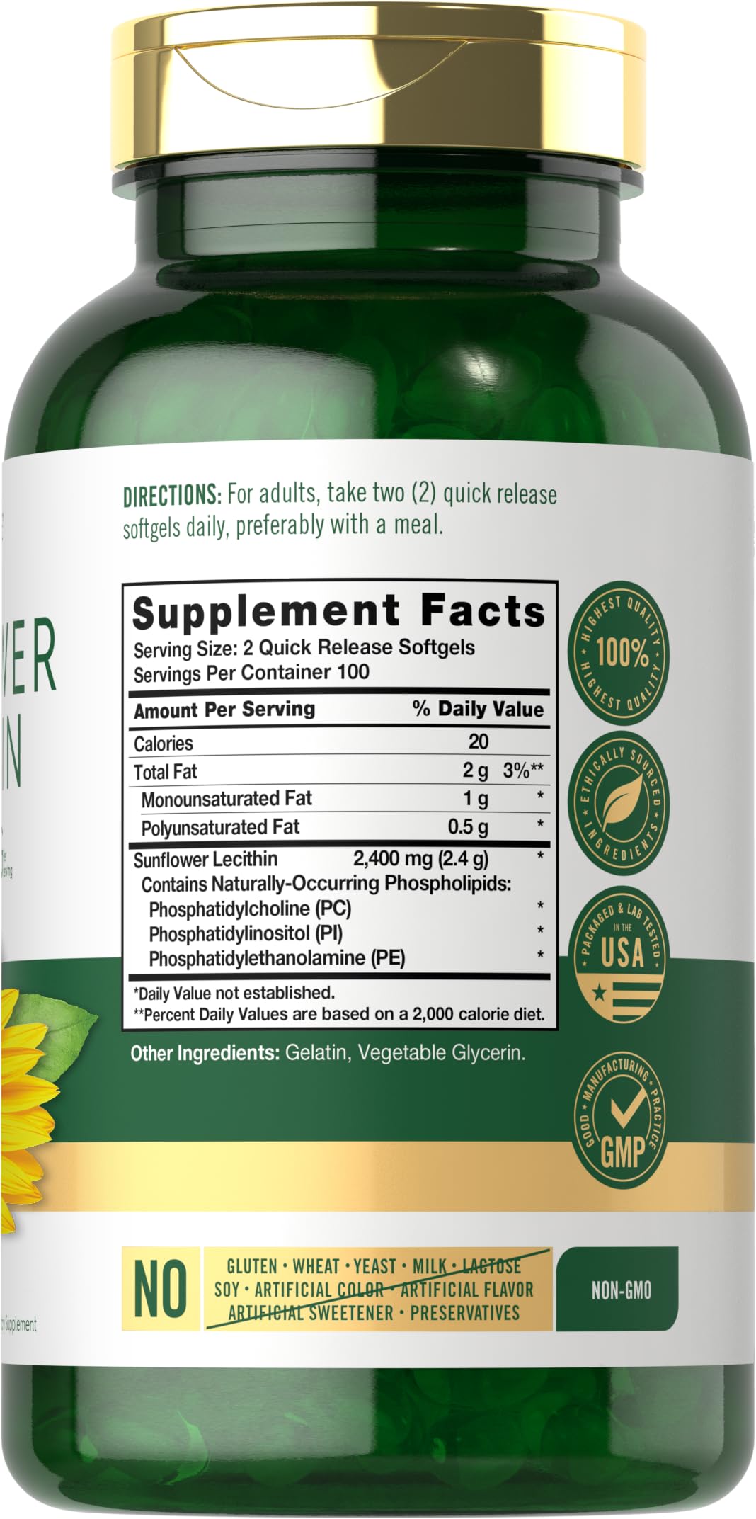 Carlyle Sunflower Lecithin softgel pour shows easy-to-take capsules.