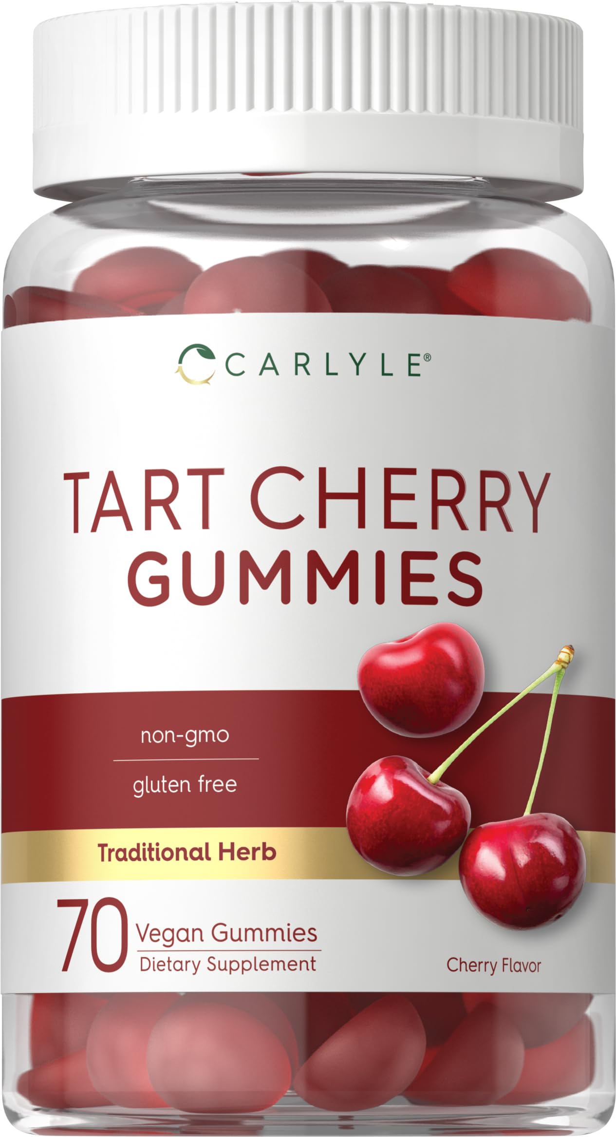 Carlyle Tart Cherry Gummies bottle showing 70-count packaging for daily vegan wellness