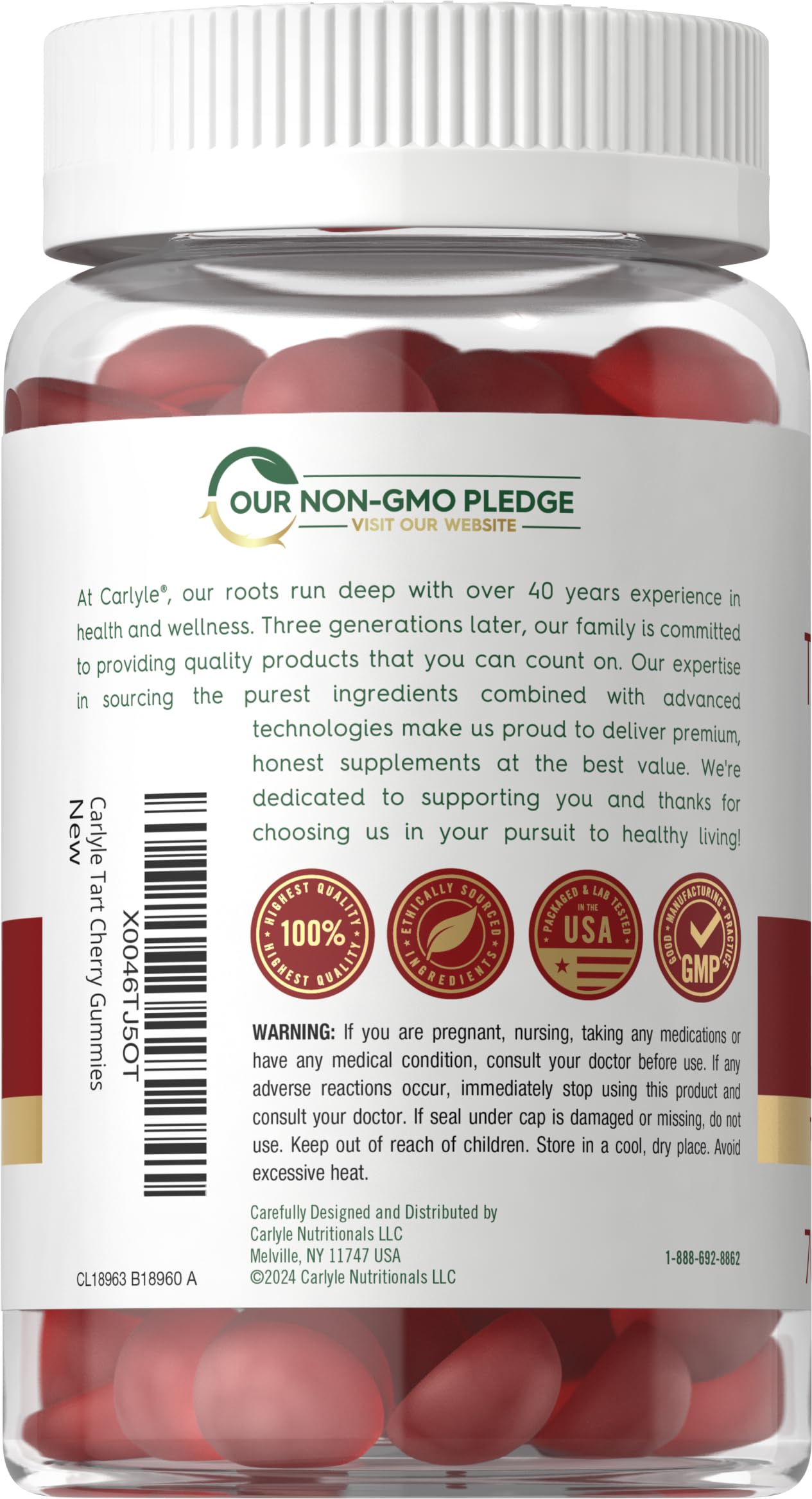 Carlyle Tart Cherry Gummies vegan formula label highlights plant-based fruit extract