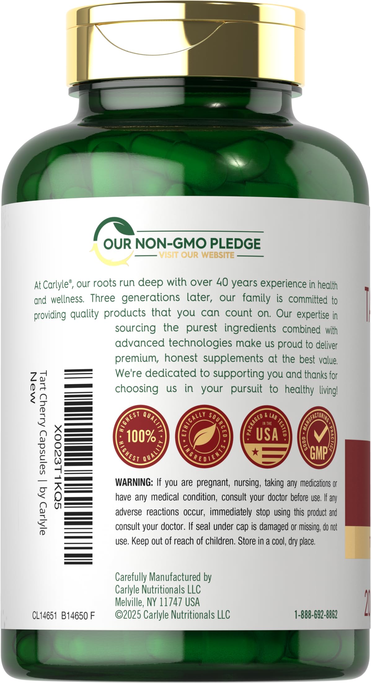 Ingredient label highlights Tart Cherry juice extract and non-GMO formula