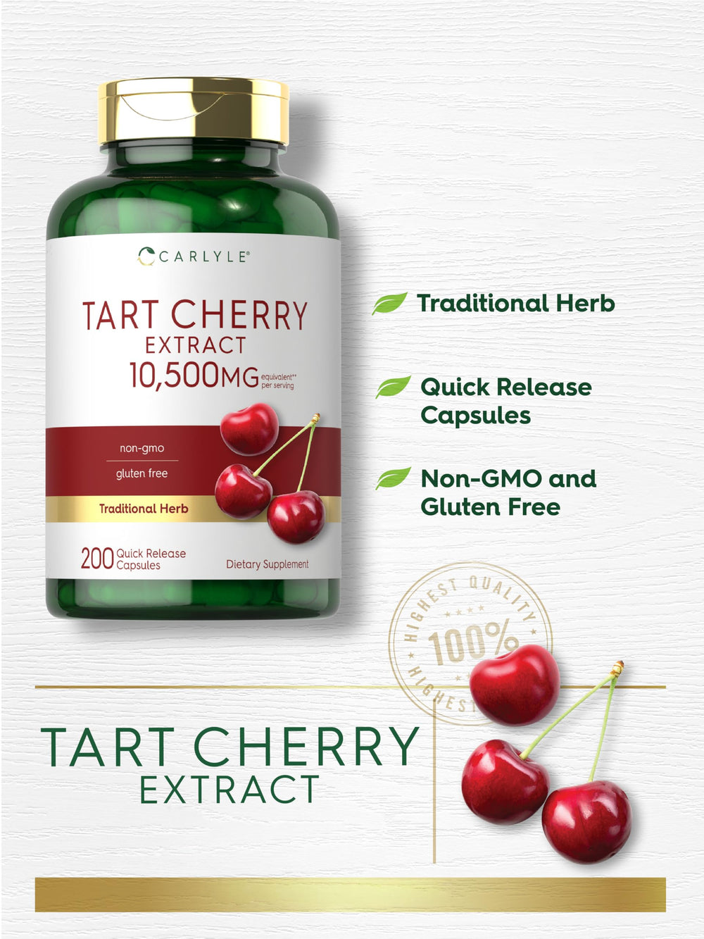 Non-GMO and gluten-free badge on Carlyle Tart Cherry Capsules