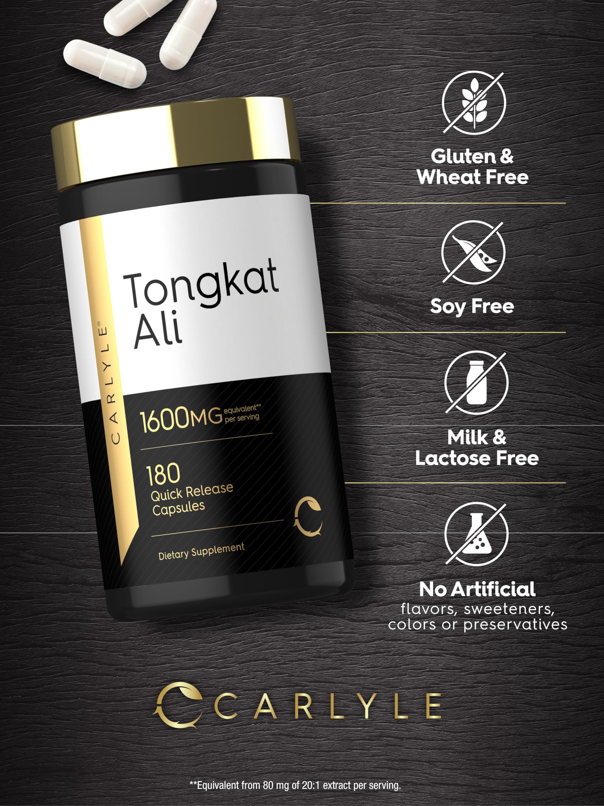 Carlyle Tongkat Ali bottle label and cap visible for premium look.