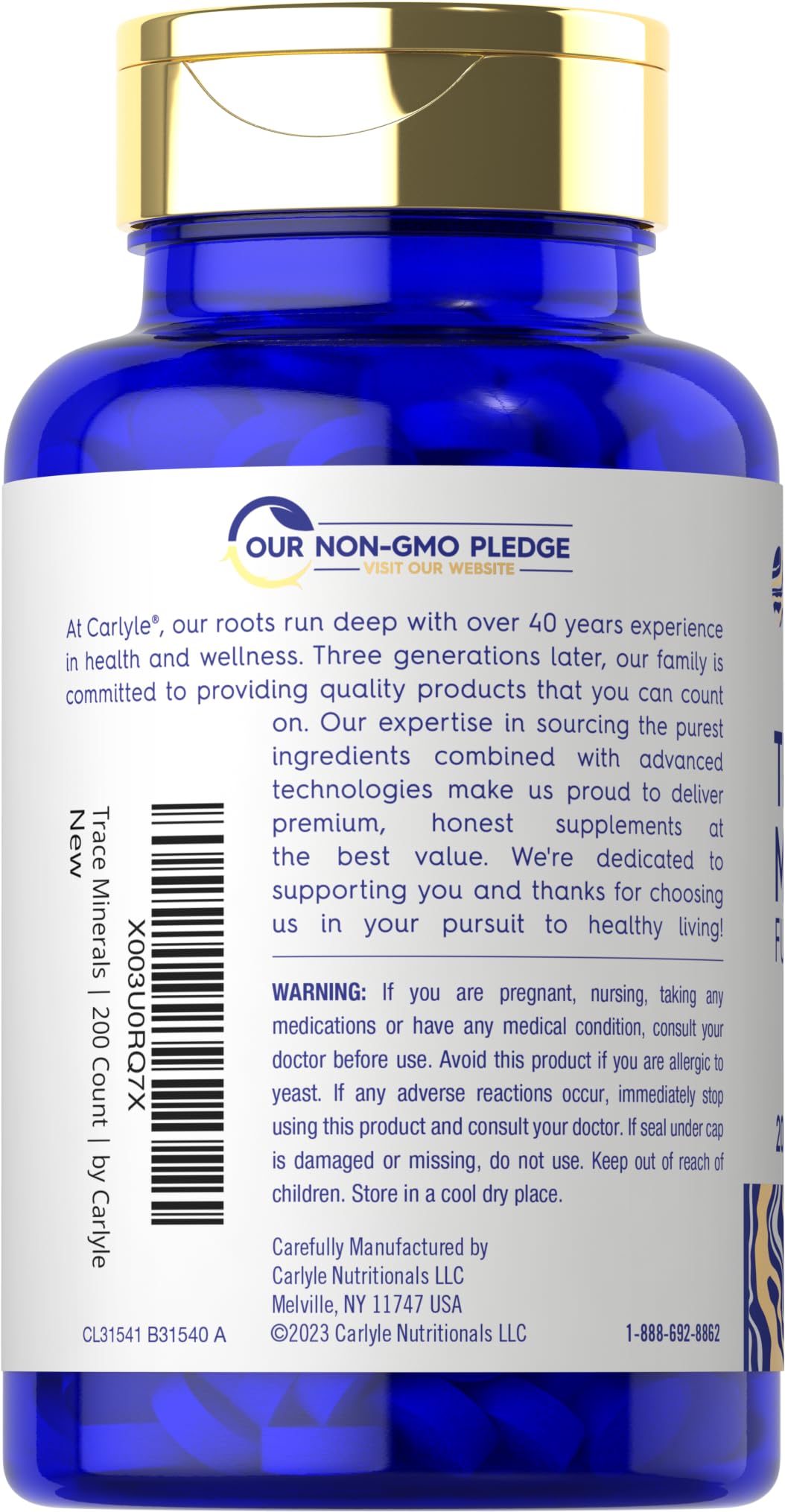 Carlyle Trace Minerals label closeup emphasizing non-GMO and gluten-free qualities