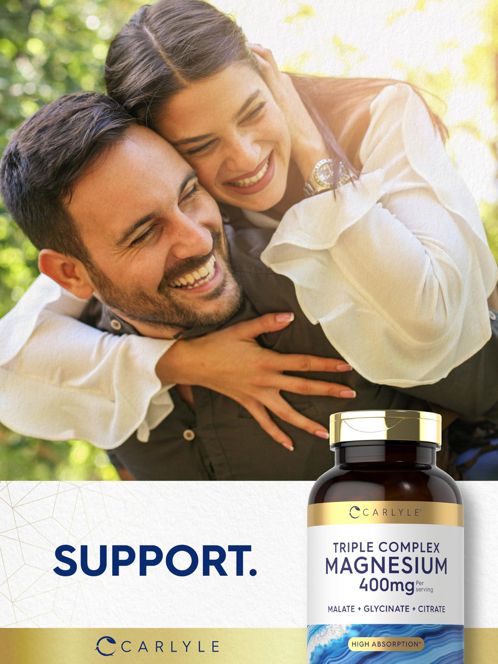 Bottle beside a glass of water cues a simple daily routine with Carlyle magnesium.