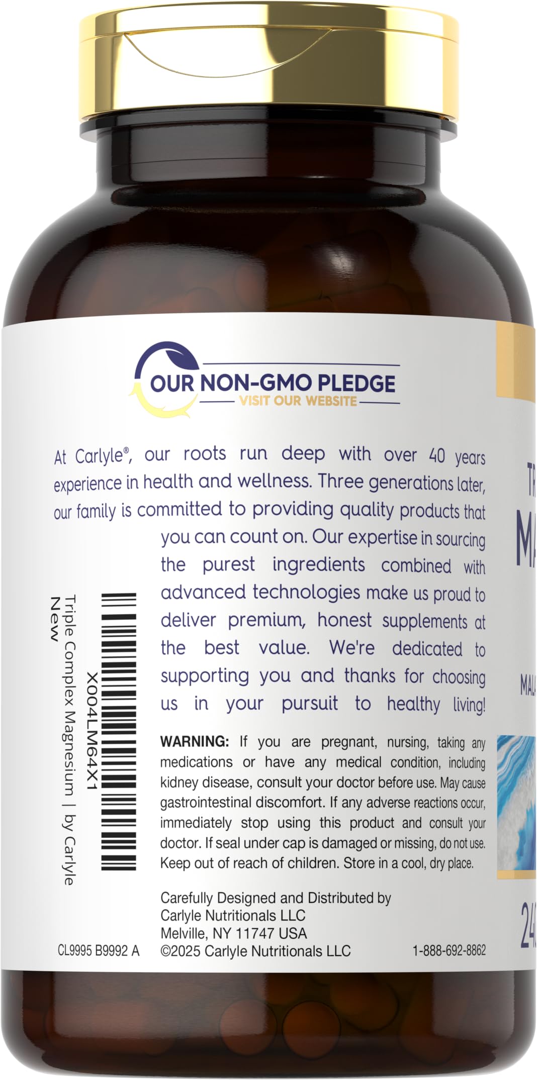 Close-up of Carlyle capsules highlighting vegetarian, easy-to-swallow daily use.