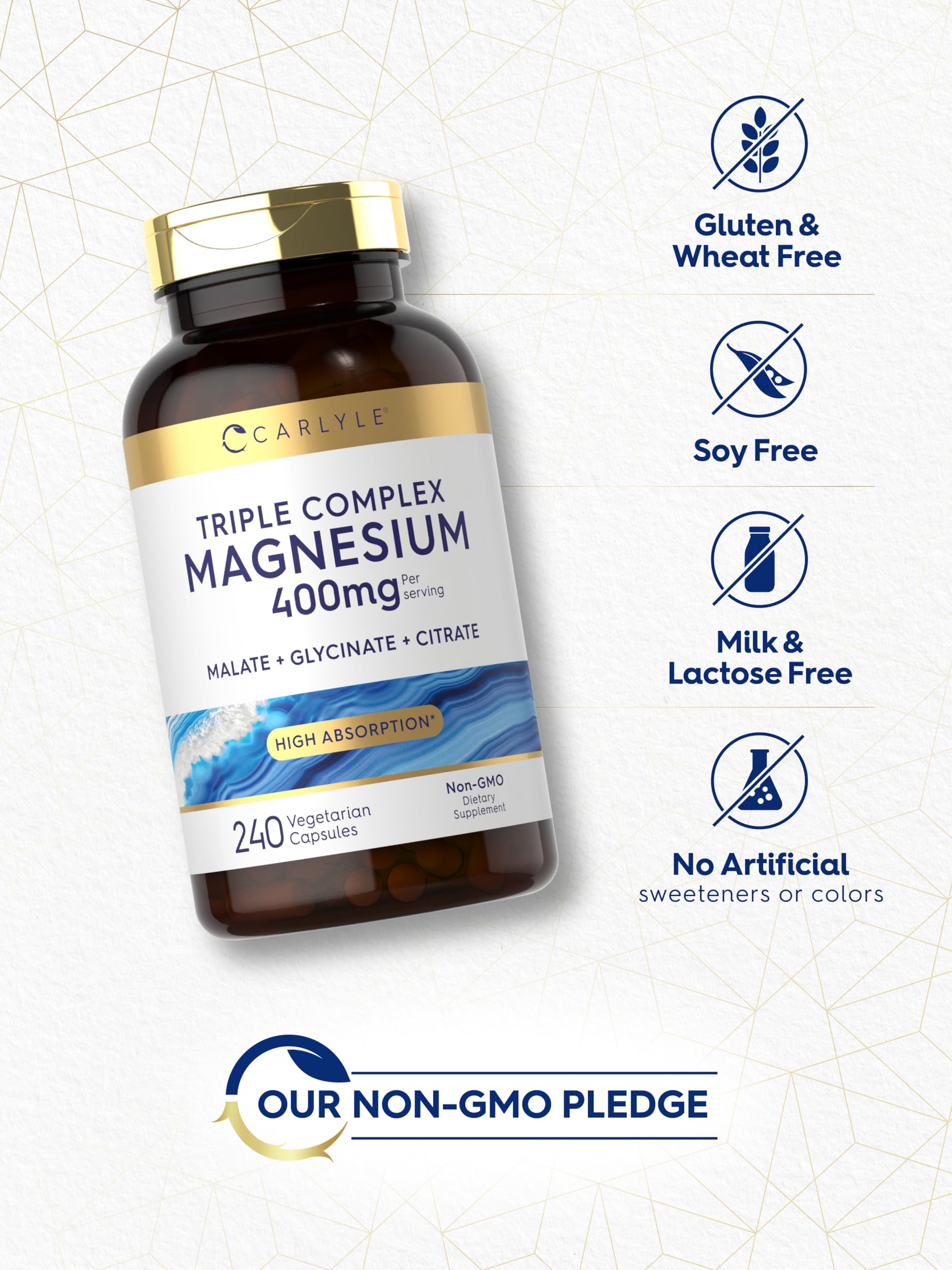 Packaging box of Carlyle Triple Magnesium Complex emphasizes premium, gluten-free, non-GMO formulation.