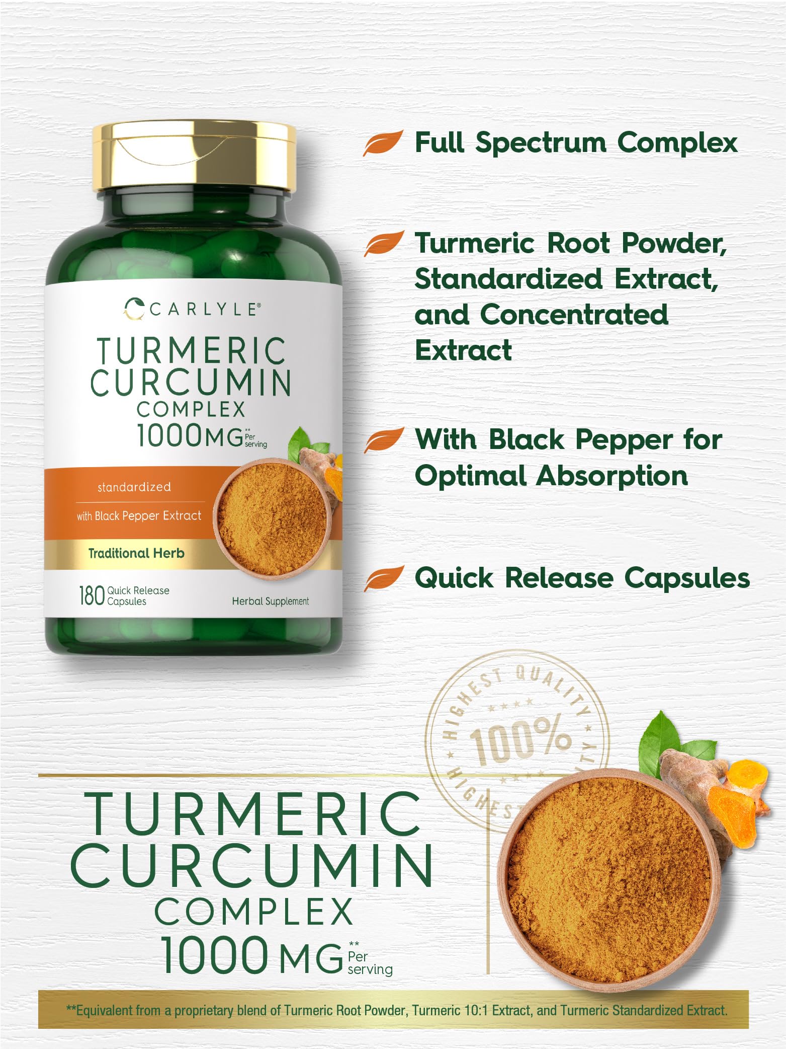 Carlyle Turmeric Curcumin capsules with black pepper are shown for enhanced absorption.