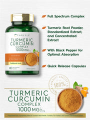Carlyle Turmeric Curcumin capsules with black pepper are shown for enhanced absorption.