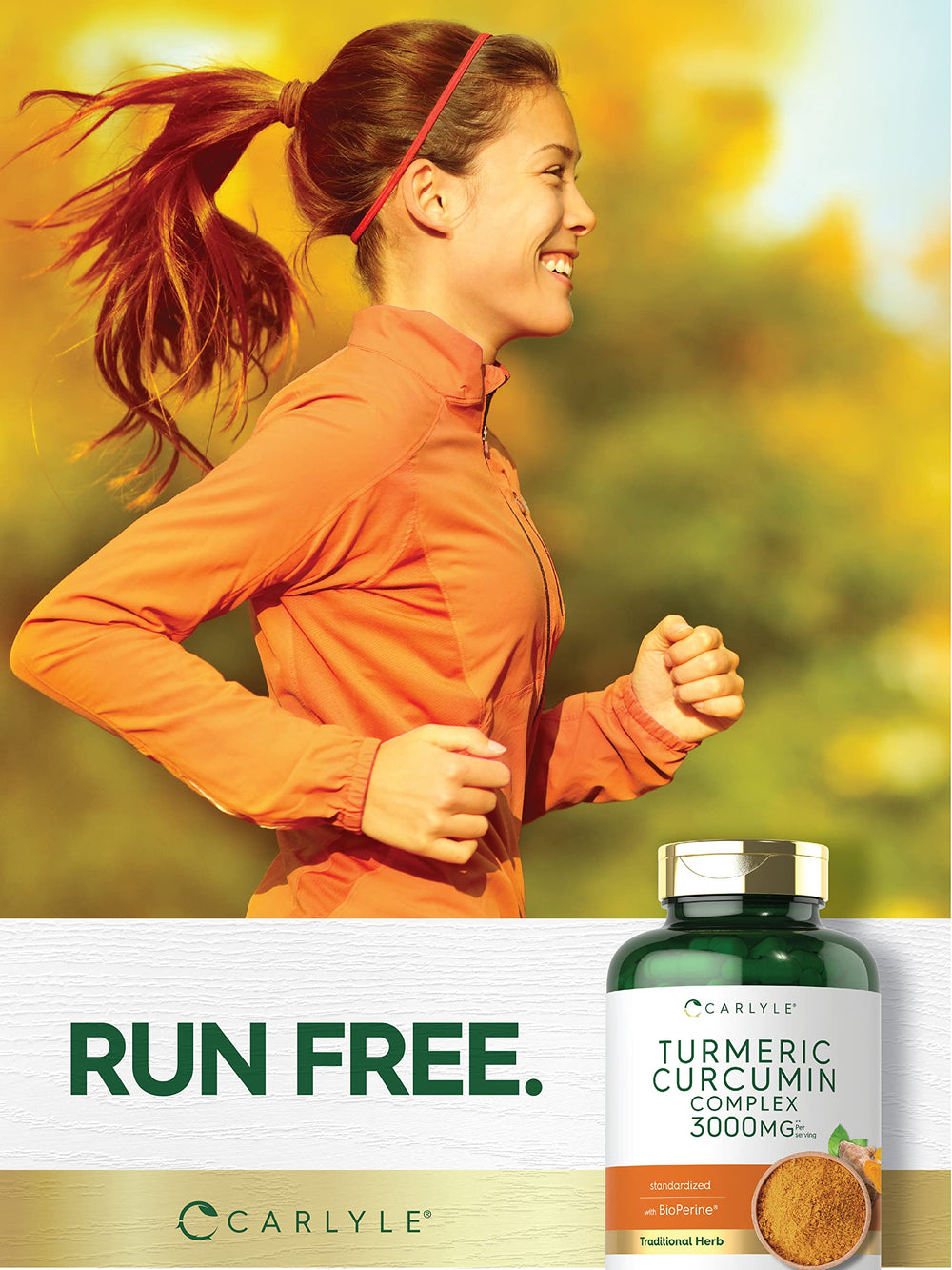 Carlyle Turmeric Curcumin bottle features a black pepper icon for absorption.