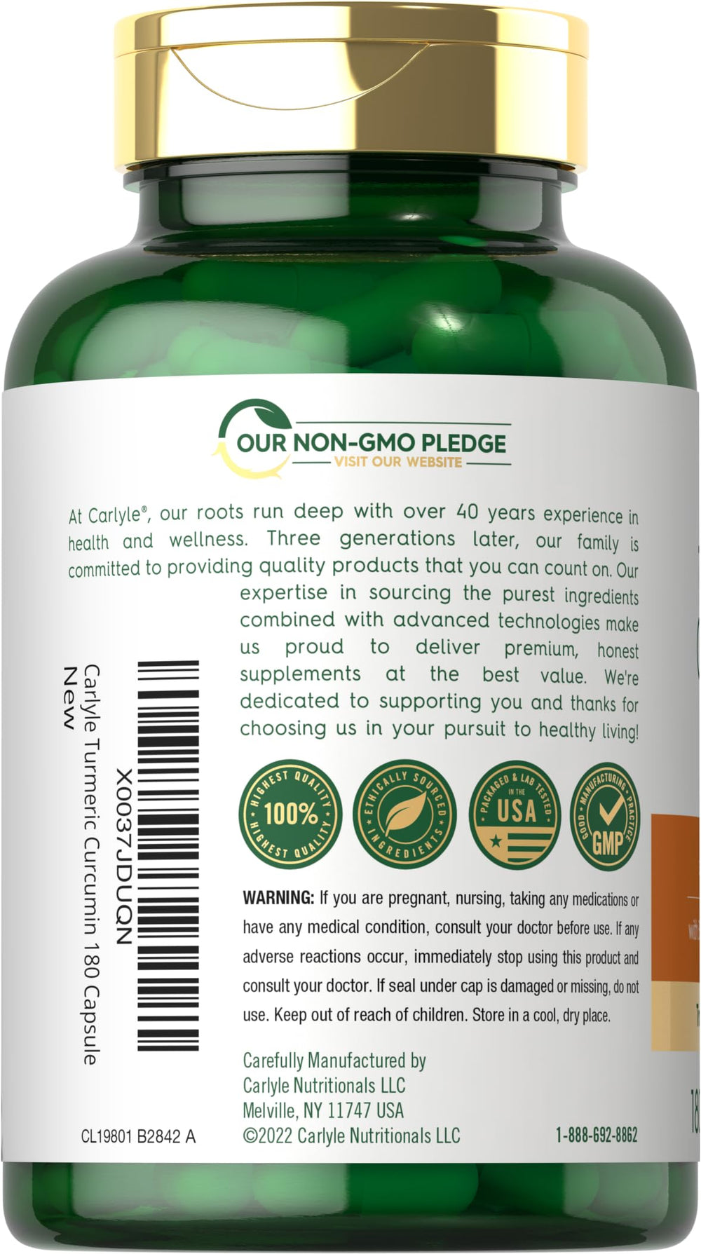 Carlyle Turmeric Curcumin bottle cap sealing a gluten-free supplement option