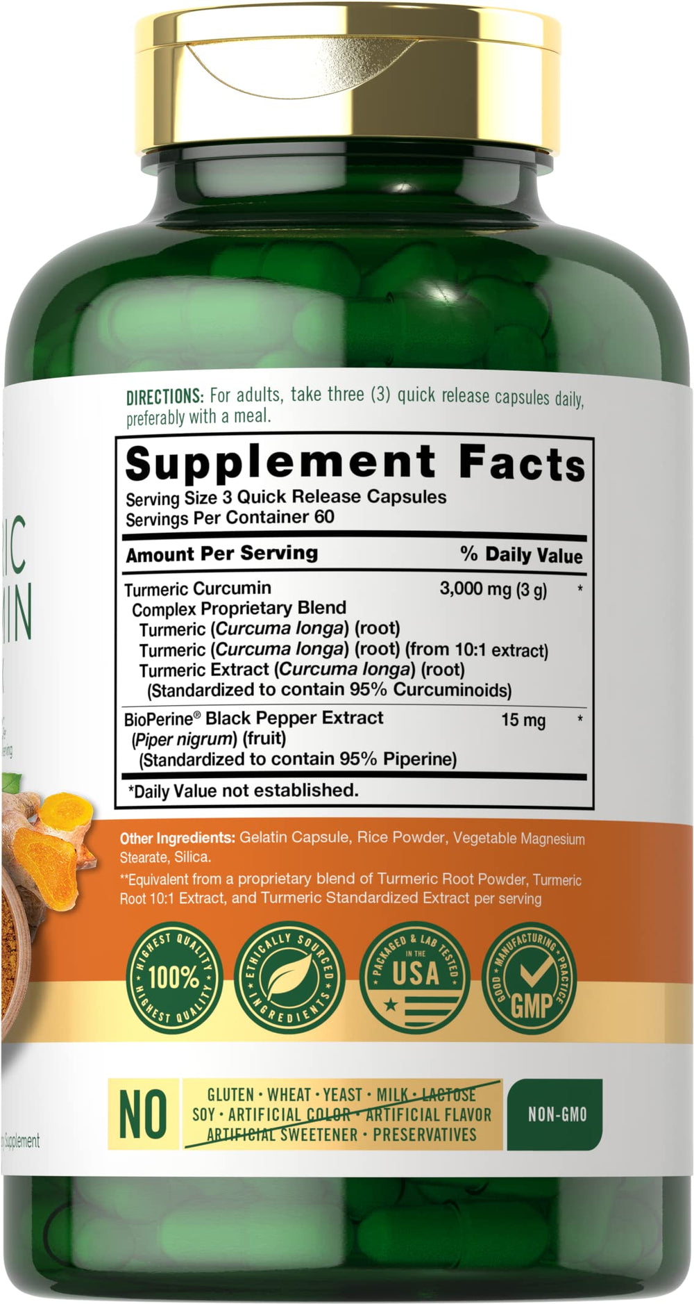 Carlyle Turmeric Curcumin label close-up showing Bioperine and black pepper.