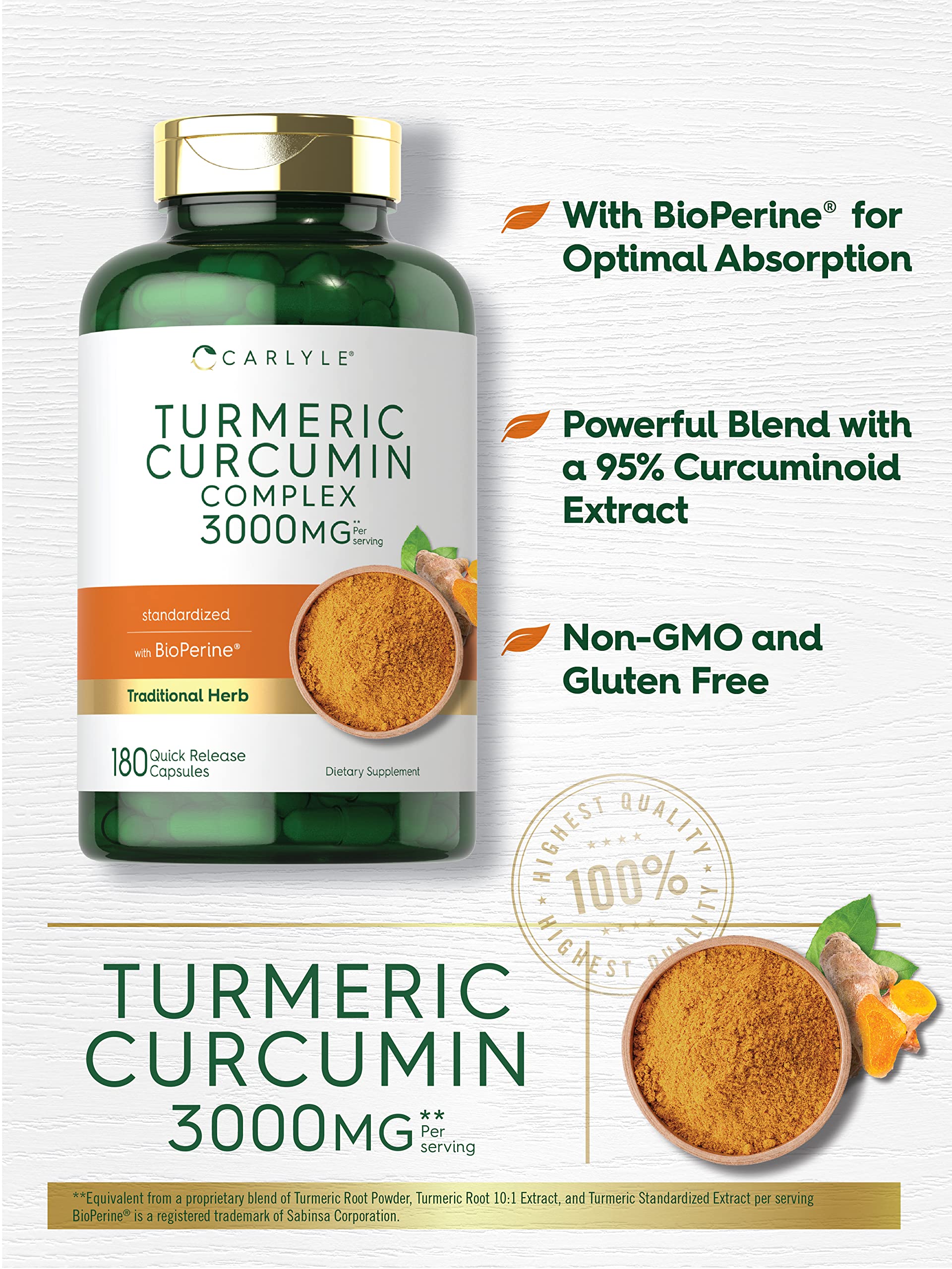 Carlyle turmeric bottle side label highlighting gluten-free and Non-GMO status.