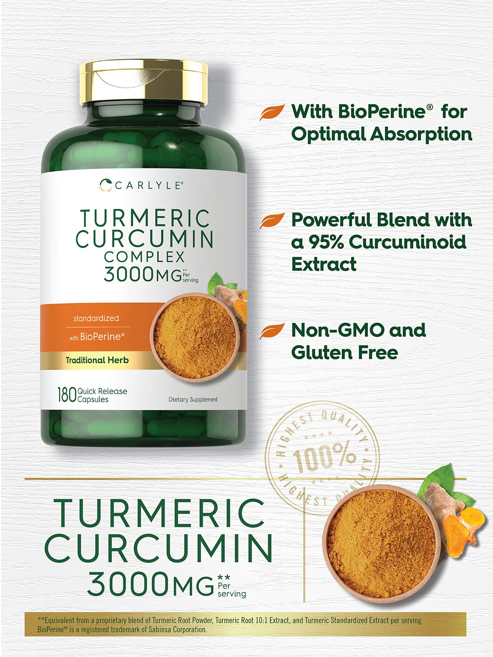 Carlyle turmeric bottle side label highlighting gluten-free and Non-GMO status.