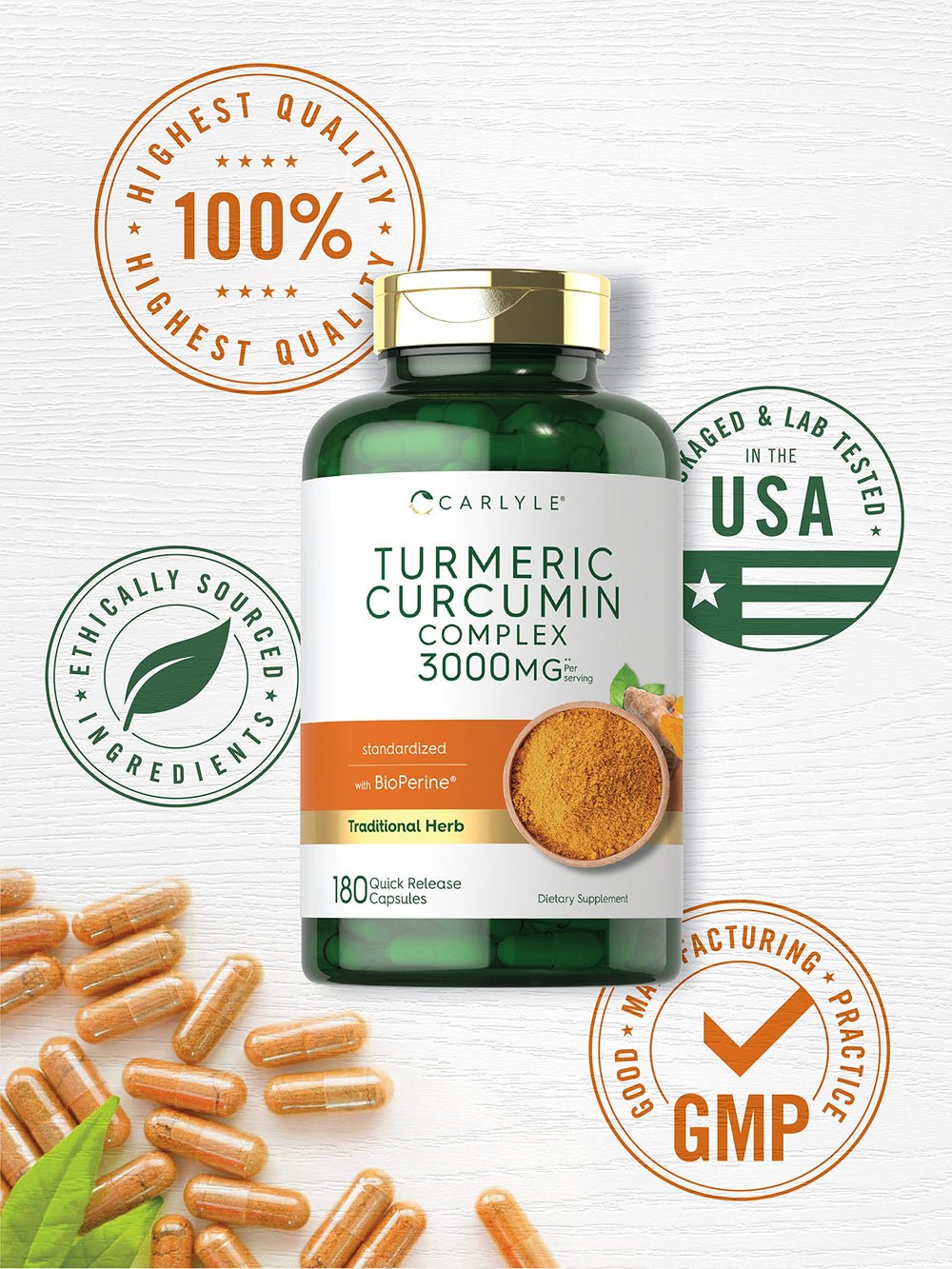 Carlyle Turmeric Curcumin bottle beside a measuring spoon for dosing.
