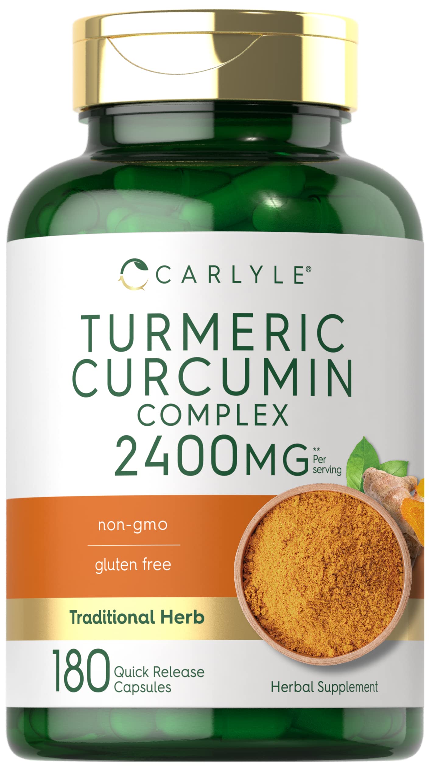 Carlyle Turmeric Curcumin bottle pouring capsules for daily wellness