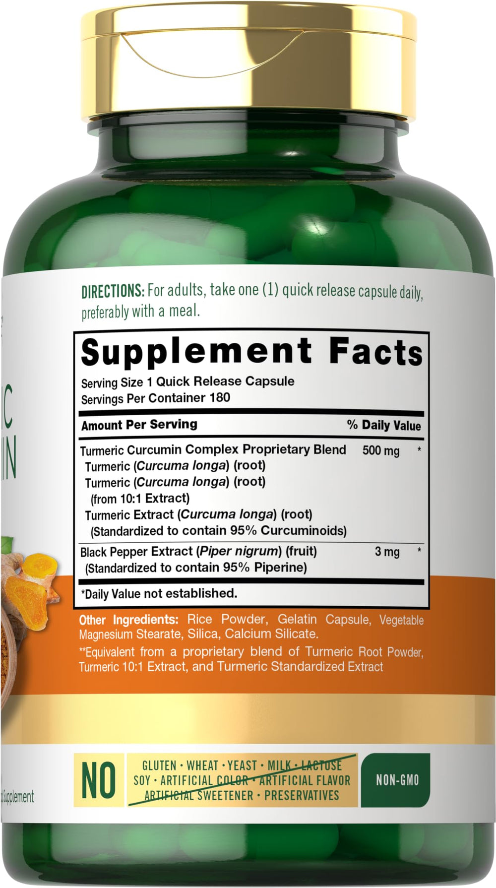 Carlyle Turmeric Curcumin bottle side with ingredient highlights and non-GMO claim