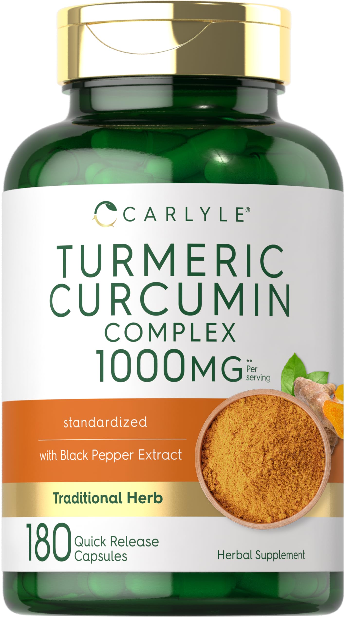 Carlyle Turmeric Curcumin bottle shown, highlighting premium blend for daily wellness.