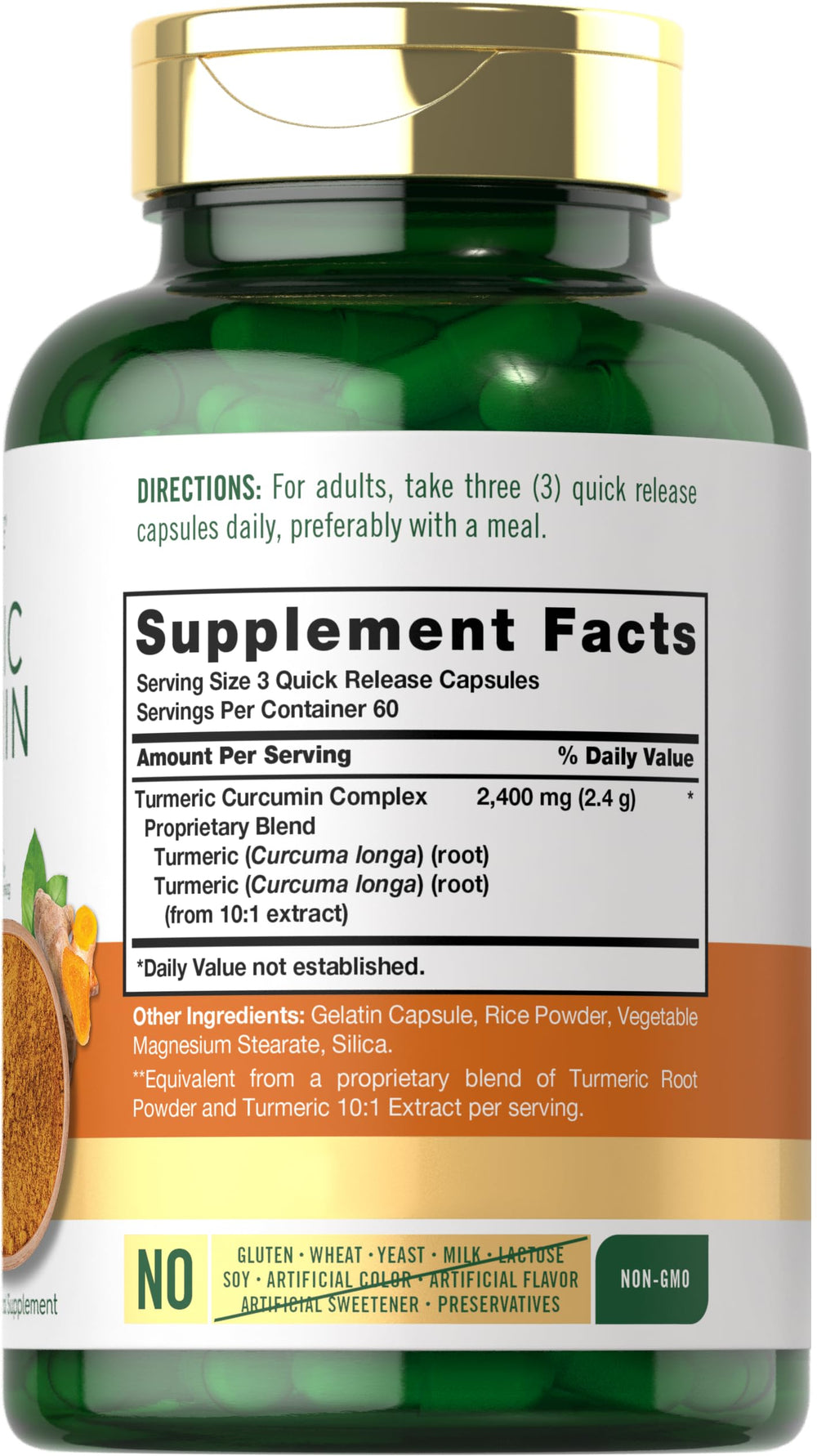 Carlyle Turmeric Curcumin capsules closeup showing non-GMO and gluten-free formula