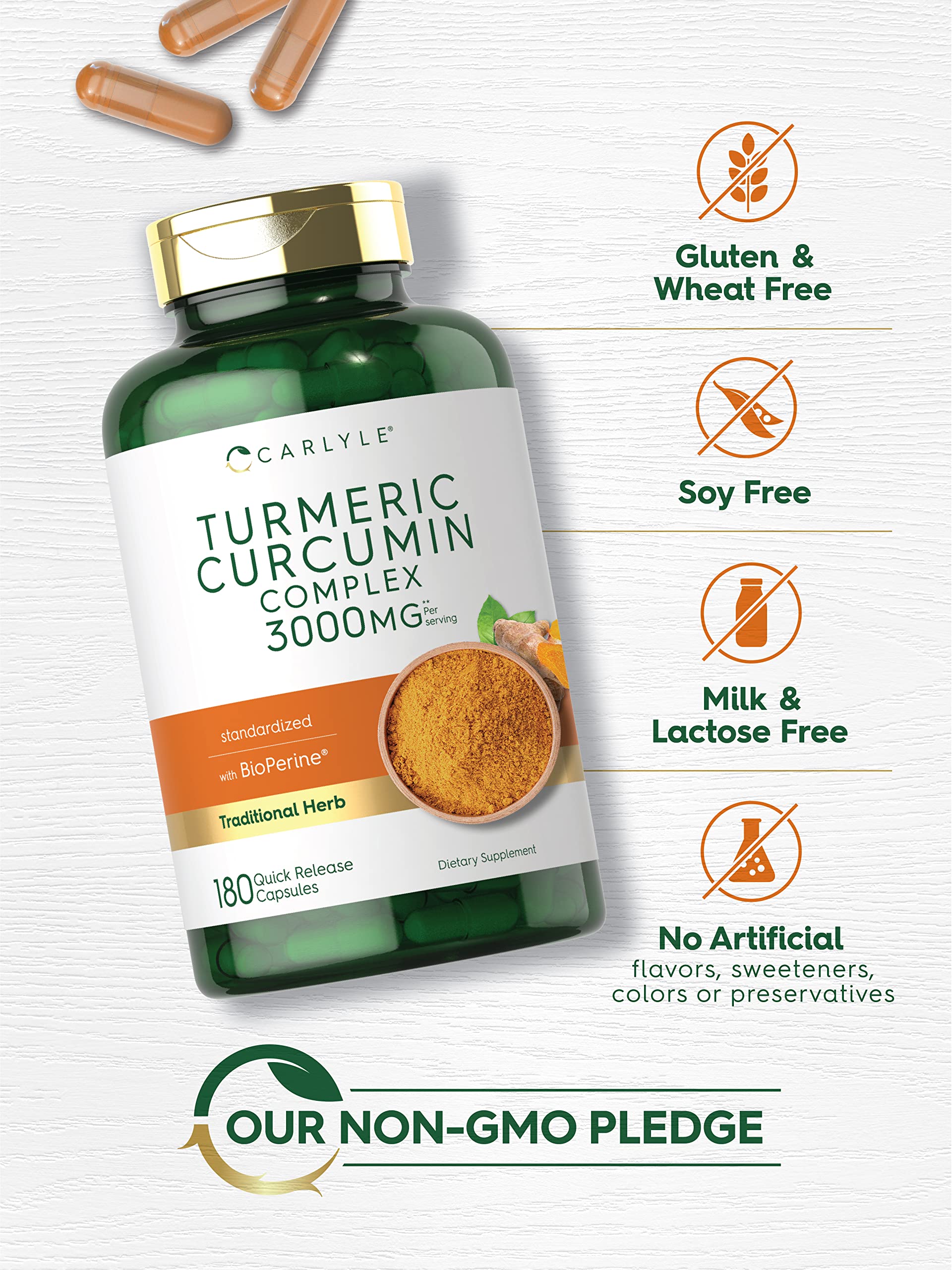 Carlyle Turmeric Curcumin capsules stacked for a daily supplement routine.